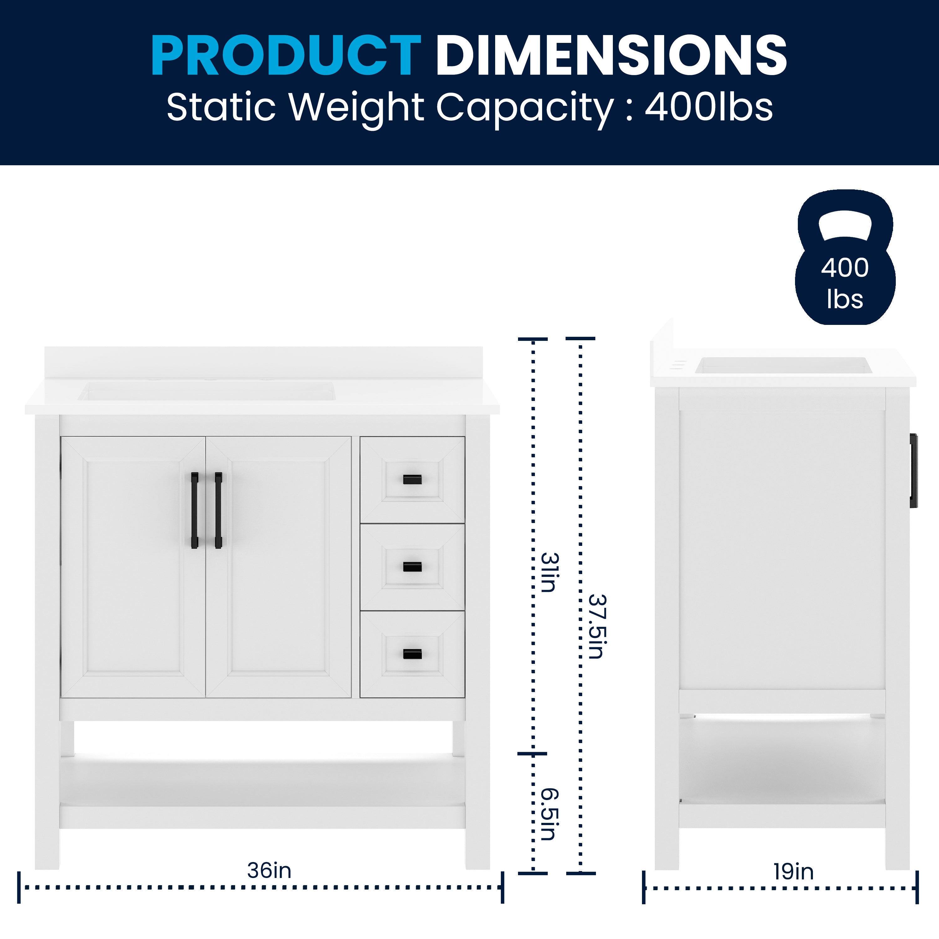 Vega 36" Bathroom Vanity with Sink, Cabinet with Black Hardware, Soft Close Doors, Open Shelf & 3 Drawers, Carrara Marble Finish Counter, White/White