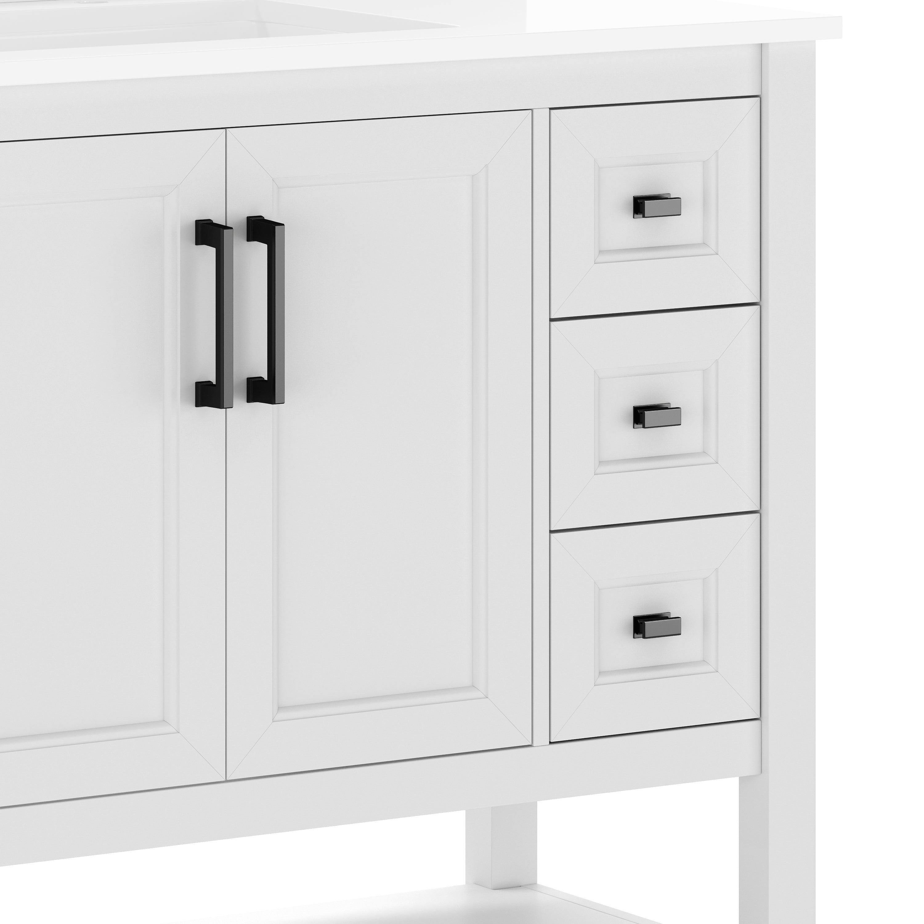 Vega 36" Bathroom Vanity with Sink, Cabinet with Black Hardware, Soft Close Doors, Open Shelf & 3 Drawers, Carrara Marble Finish Counter, White/White