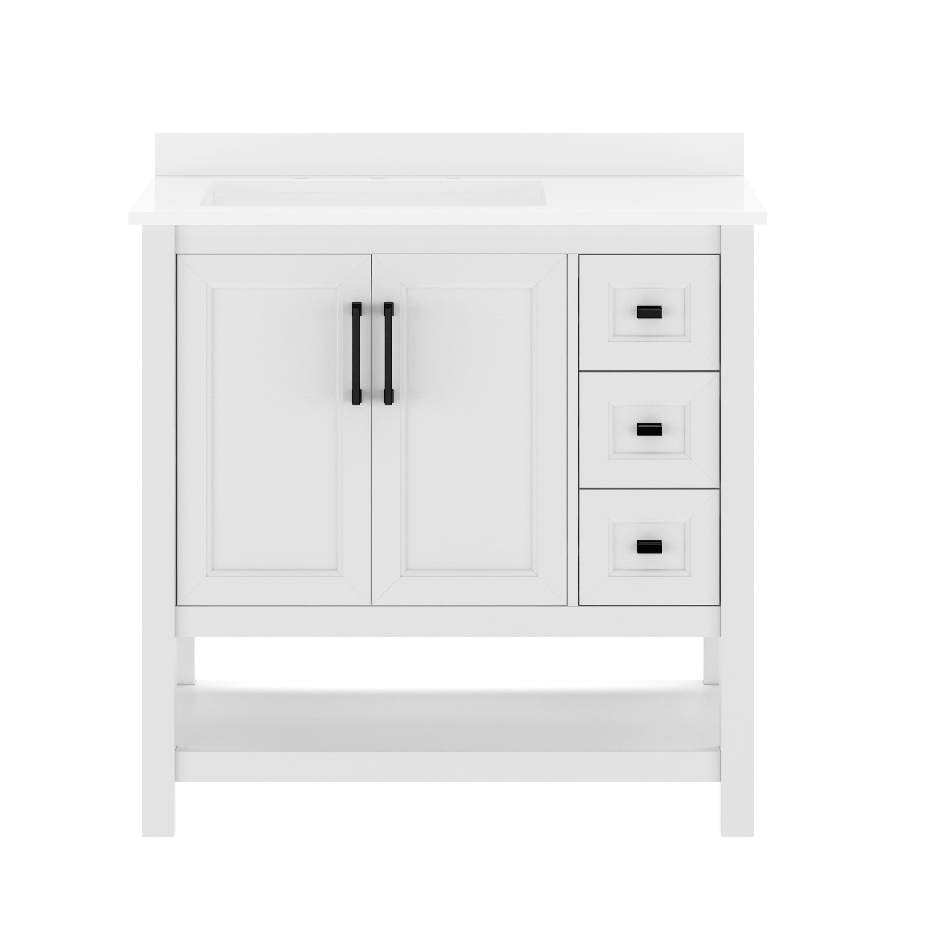 Vega 36" Bathroom Vanity with Sink, Cabinet with Black Hardware, Soft Close Doors, Open Shelf & 3 Drawers, Carrara Marble Finish Counter, White/White