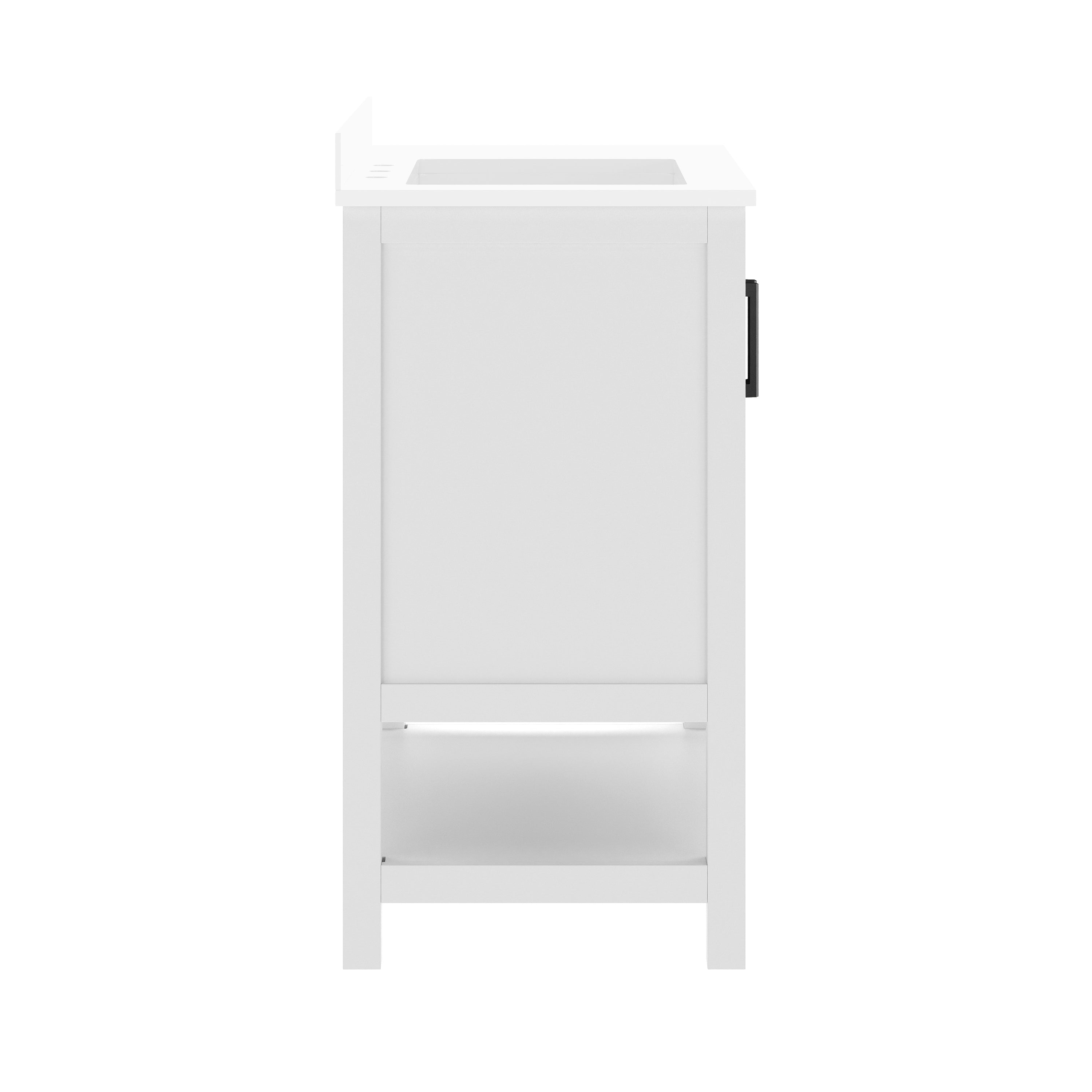 Vega 36" Bathroom Vanity with Sink, Cabinet with Black Hardware, Soft Close Doors, Open Shelf & 3 Drawers, Carrara Marble Finish Counter, White/White