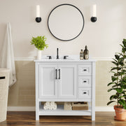Vega 36" Bathroom Vanity with Sink, Cabinet with Black Hardware, Soft Close Doors, Open Shelf & 3 Drawers, Carrara Marble Finish Counter, White/White