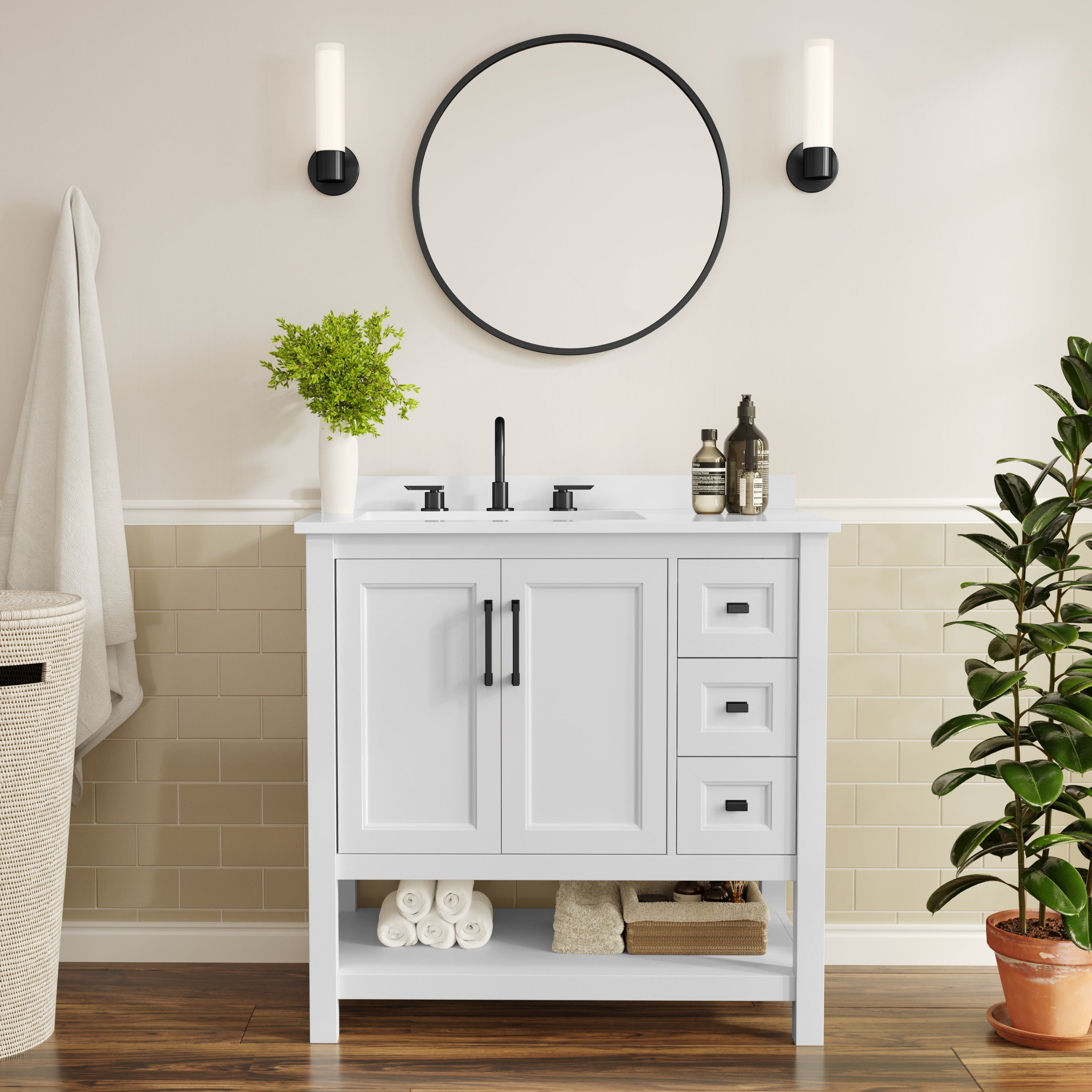 Vega 36" Bathroom Vanity with Sink, Cabinet with Black Hardware, Soft Close Doors, Open Shelf & 3 Drawers, Carrara Marble Finish Counter, White/White