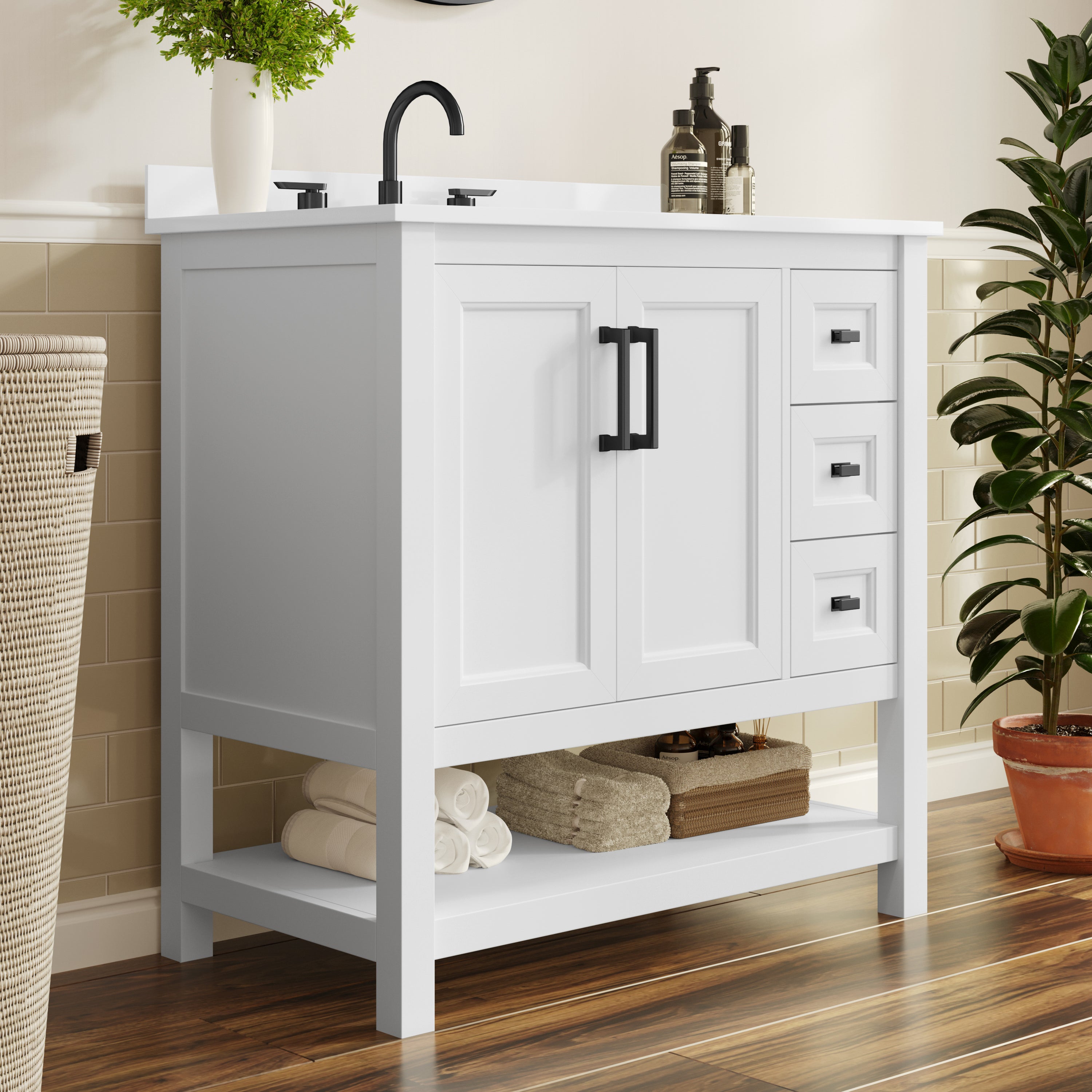 Vega 36" Bathroom Vanity with Sink, Cabinet with Black Hardware, Soft Close Doors, Open Shelf & 3 Drawers, Carrara Marble Finish Counter, White/White