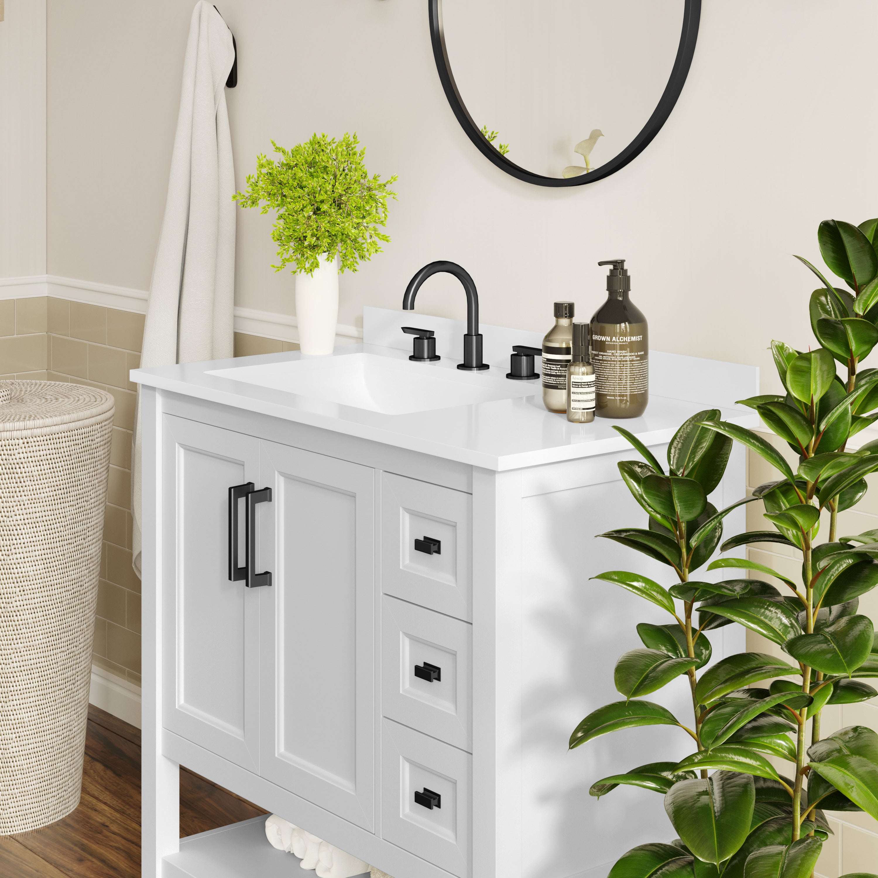 Vega 36" Bathroom Vanity with Sink, Cabinet with Black Hardware, Soft Close Doors, Open Shelf & 3 Drawers, Carrara Marble Finish Counter, White/White