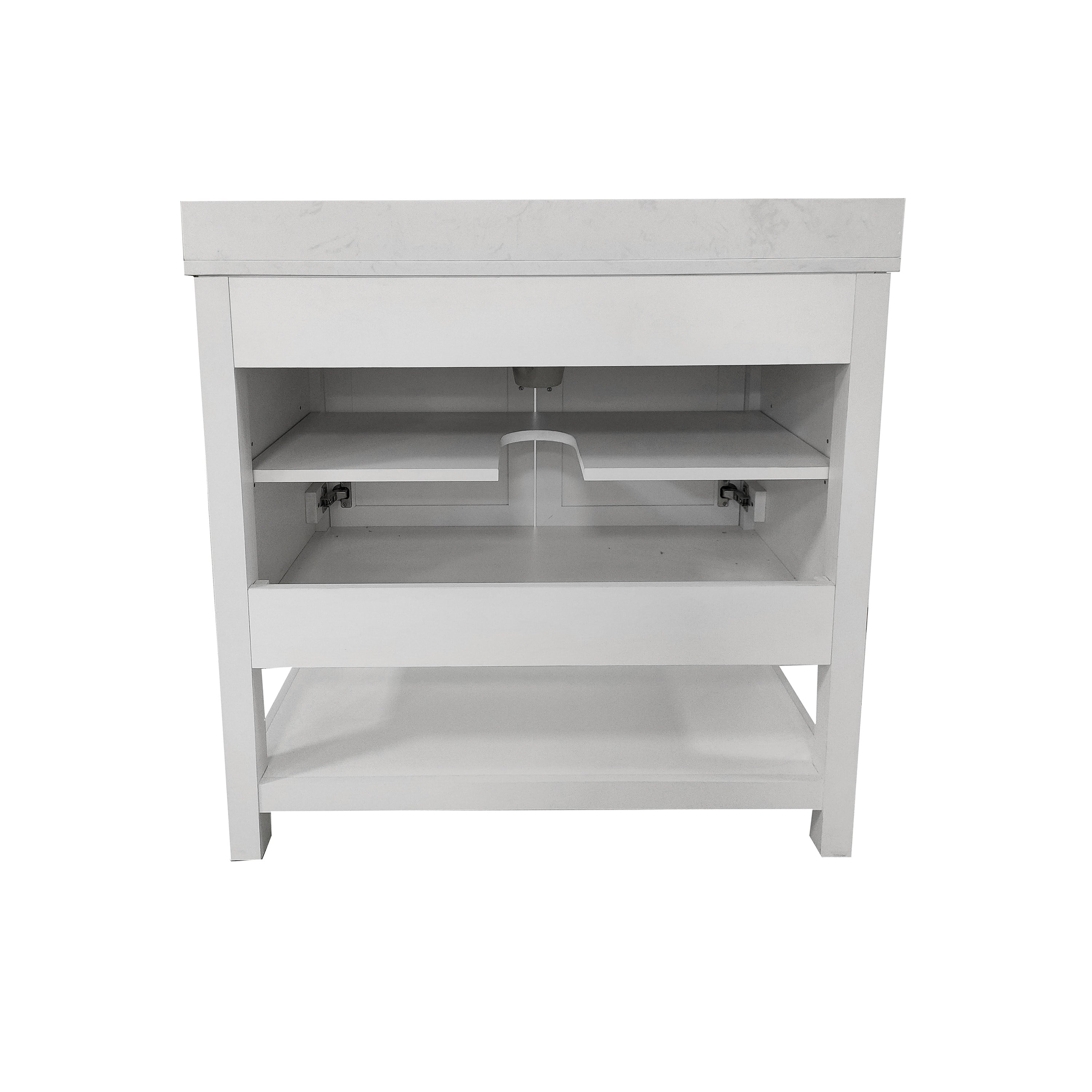 Vega 36 Inch Bathroom Vanity with Sink Combo, Storage Cabinet with Soft Close Doors and Open Shelf, Carrara Marble Finish Countertop, White/White