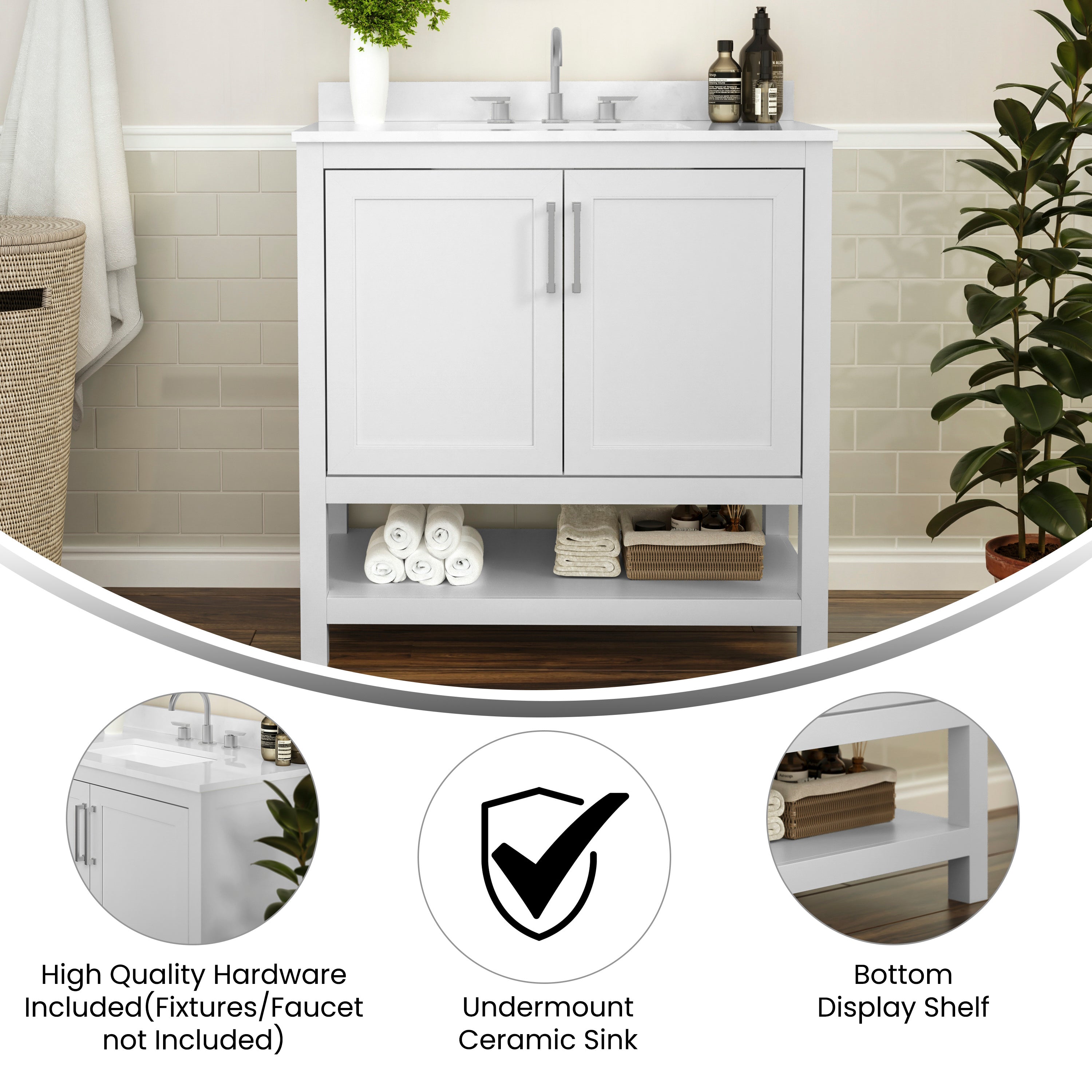 Vega 36 Inch Bathroom Vanity with Sink Combo, Storage Cabinet with Soft Close Doors and Open Shelf, Carrara Marble Finish Countertop, White/White