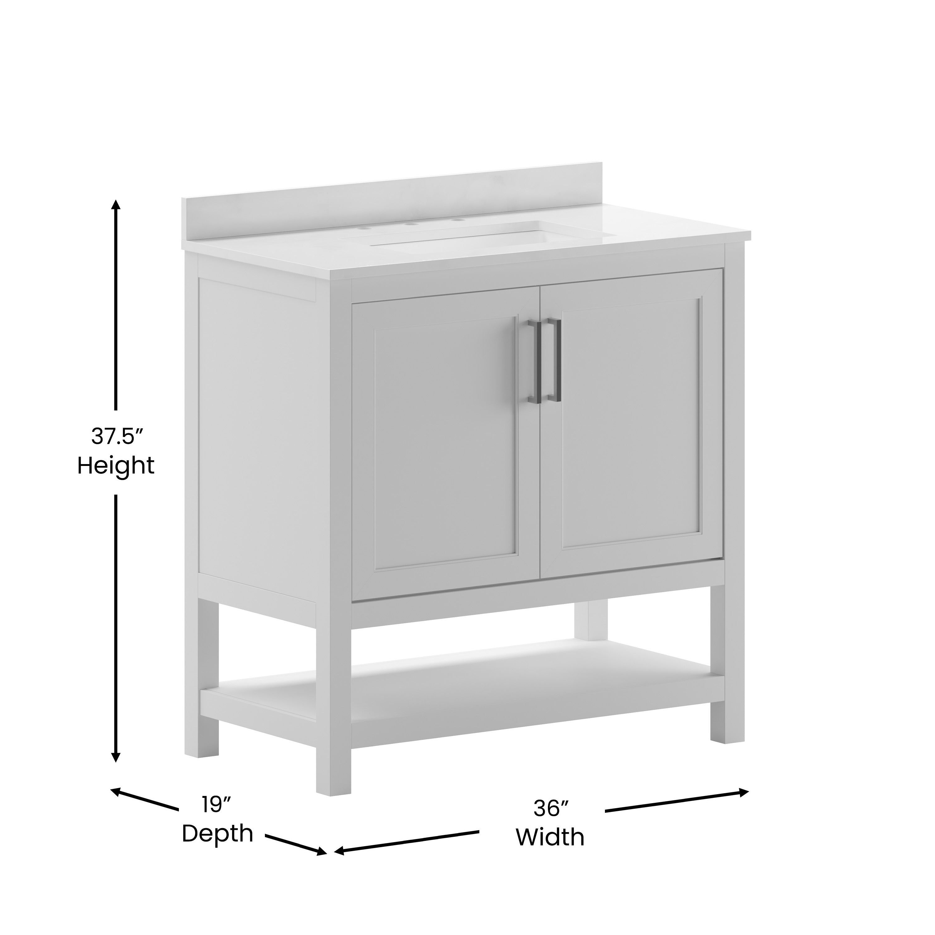 Vega 36 Inch Bathroom Vanity with Sink Combo, Storage Cabinet with Soft Close Doors and Open Shelf, Carrara Marble Finish Countertop, White/White