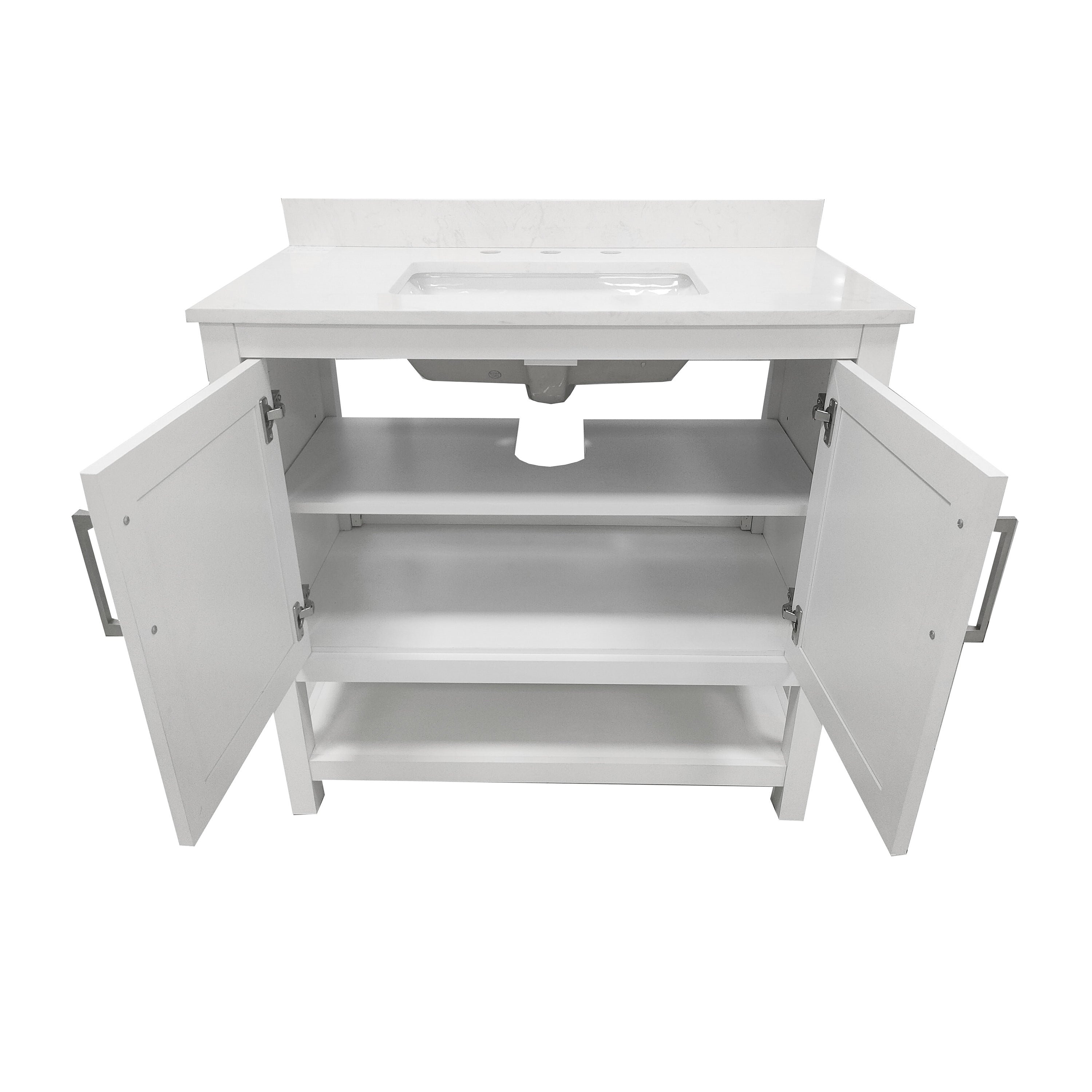 Vega 36 Inch Bathroom Vanity with Sink Combo, Storage Cabinet with Soft Close Doors and Open Shelf, Carrara Marble Finish Countertop, White/White