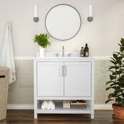 Vega 36 Inch Bathroom Vanity with Sink Combo, Storage Cabinet with Soft Close Doors and Open Shelf, Carrara Marble Finish Countertop, White/White