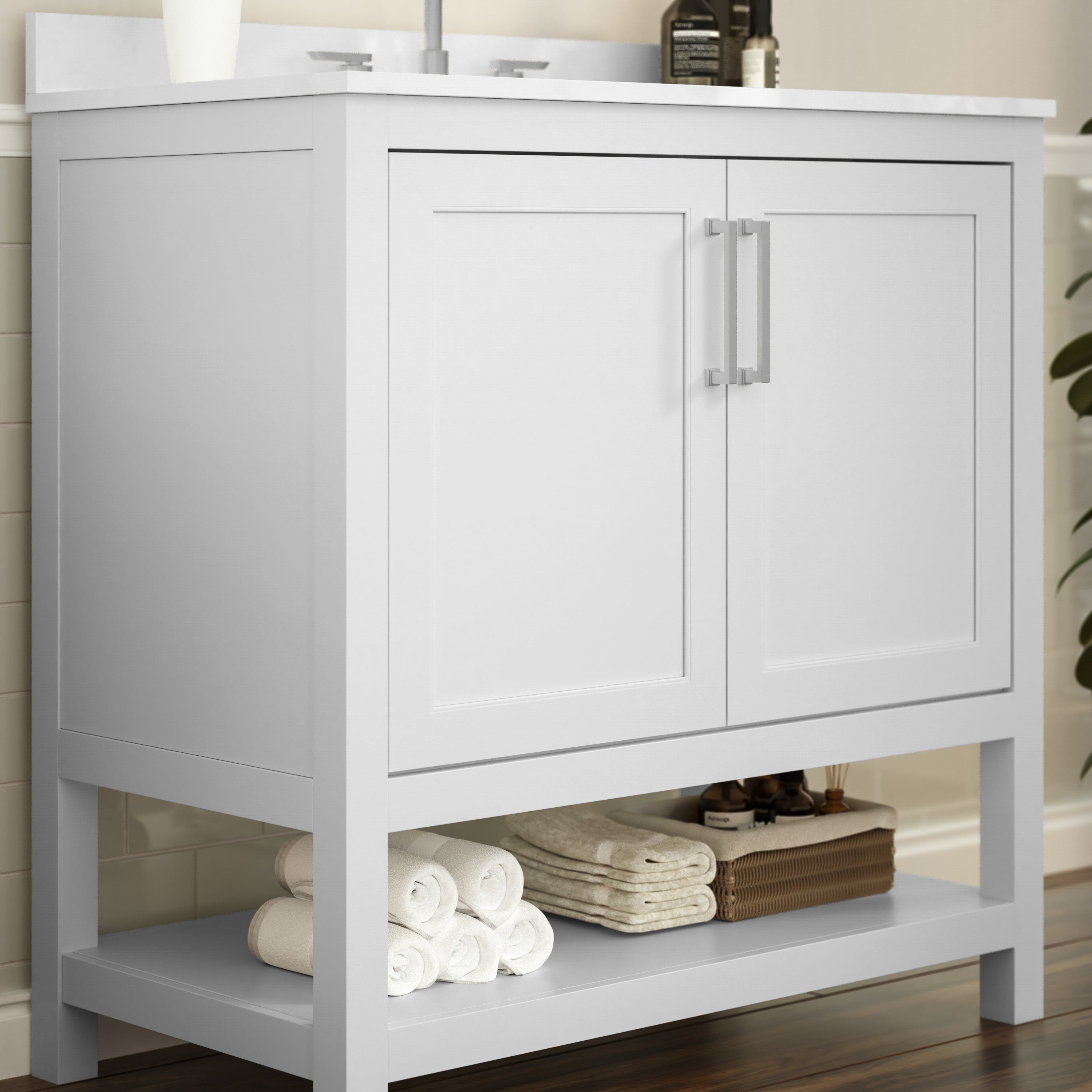 Vega 36 Inch Bathroom Vanity with Sink Combo, Storage Cabinet with Soft Close Doors and Open Shelf, Carrara Marble Finish Countertop, White/White