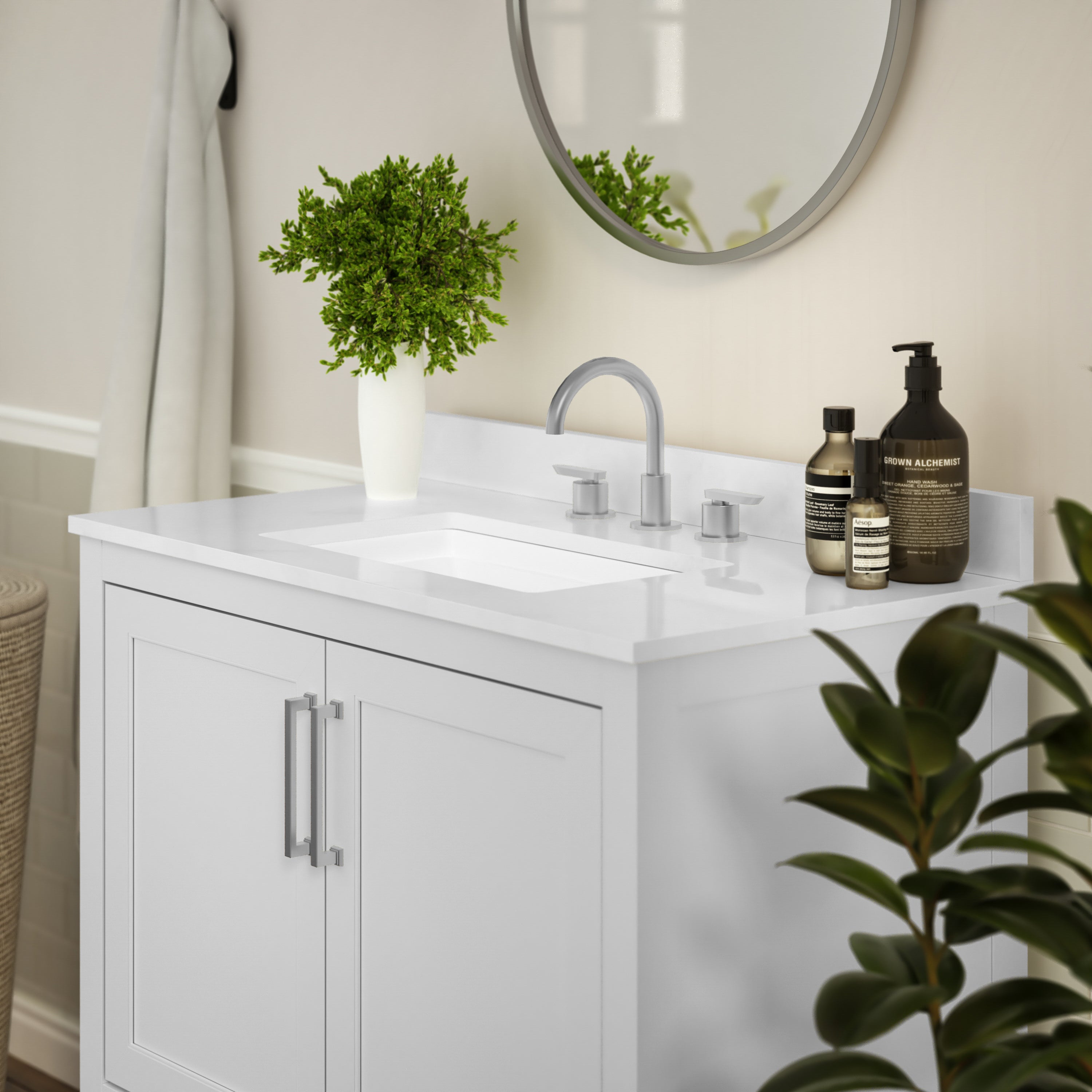 Vega 36 Inch Bathroom Vanity with Sink Combo, Storage Cabinet with Soft Close Doors and Open Shelf, Carrara Marble Finish Countertop, White/White
