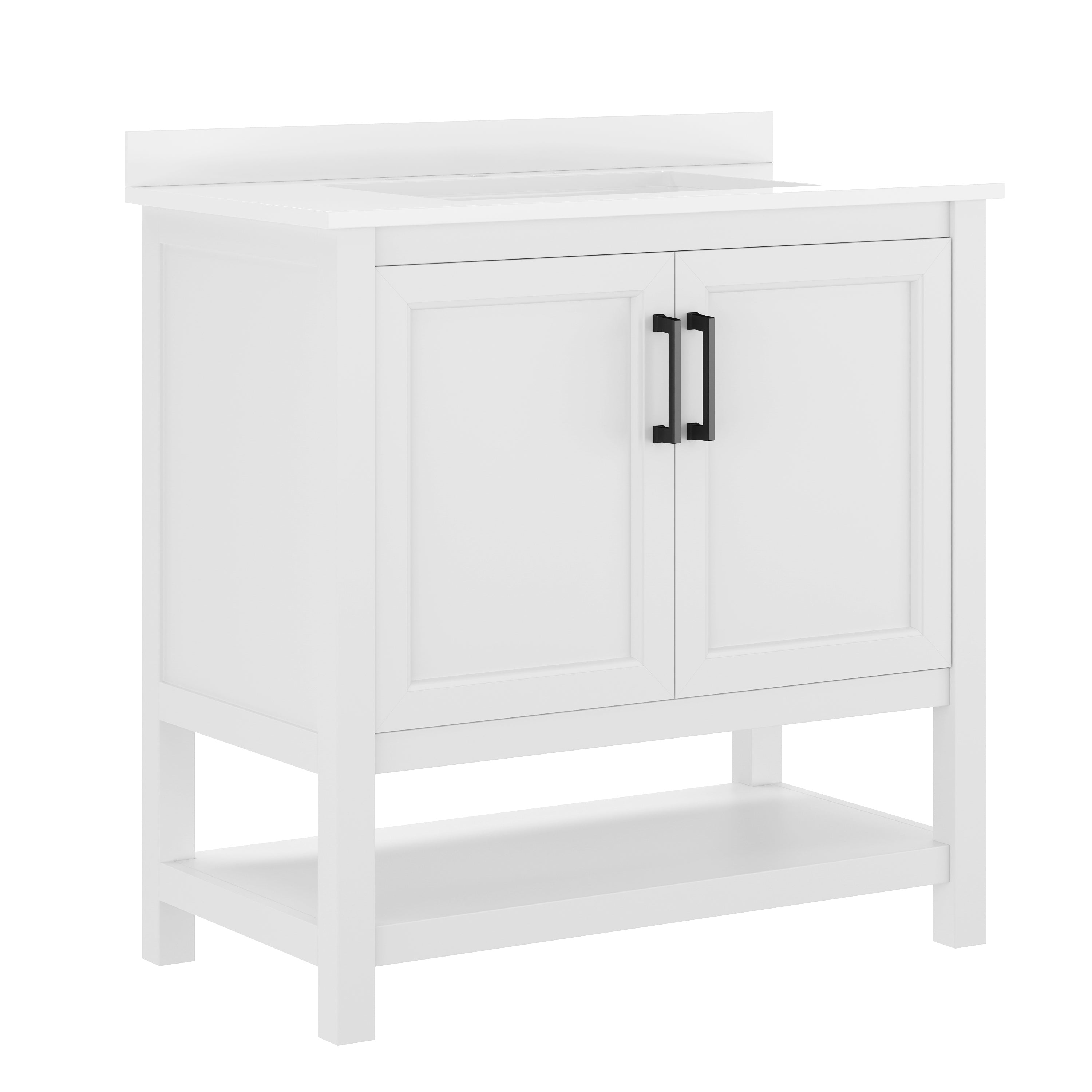 Vega 36" Bathroom Vanity with Sink, Storage Cabinet with Black Hardware, Soft Close Doors & Open Shelf, Carrara Marble Finish Countertop, White/White