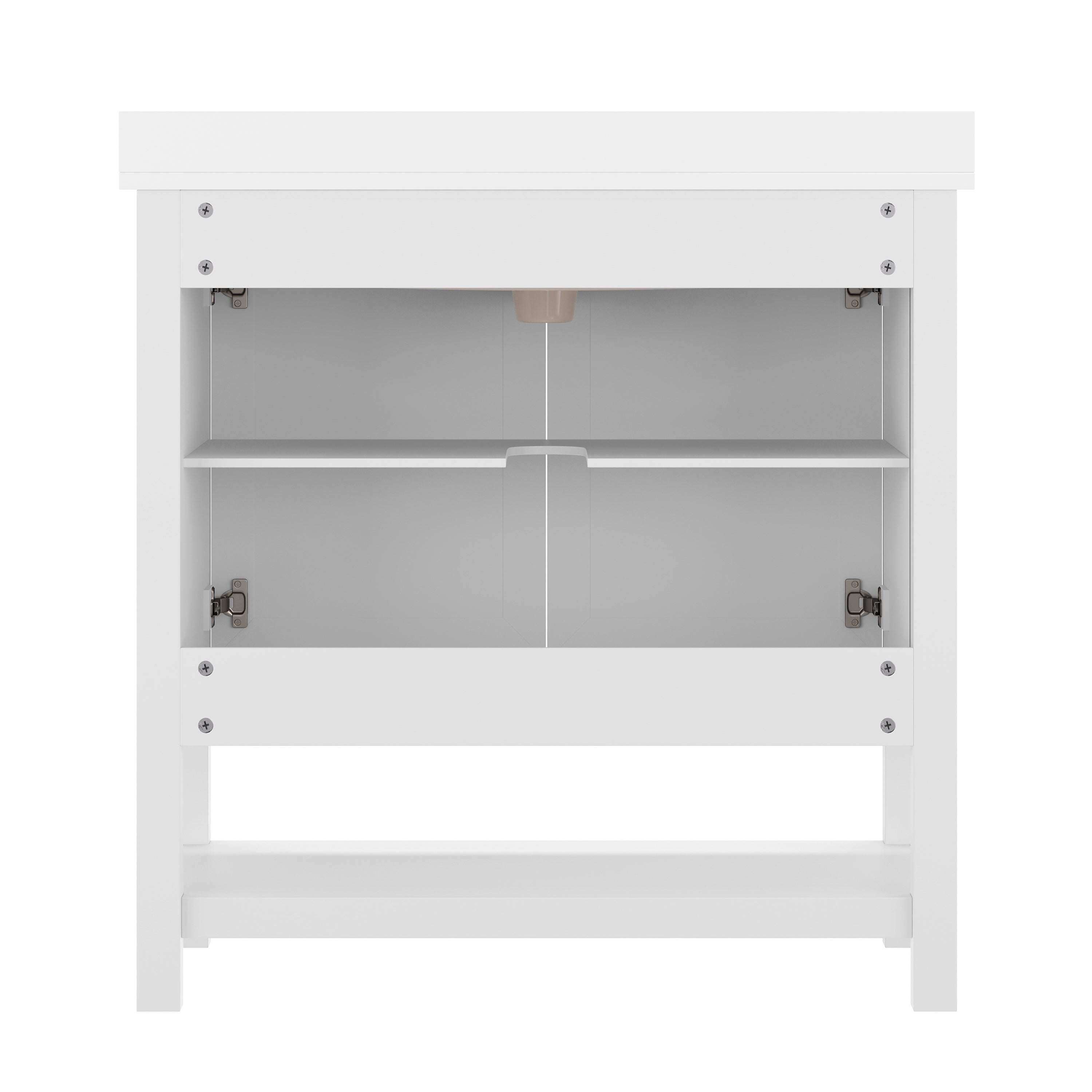 Vega 36" Bathroom Vanity with Sink, Storage Cabinet with Black Hardware, Soft Close Doors & Open Shelf, Carrara Marble Finish Countertop, White/White