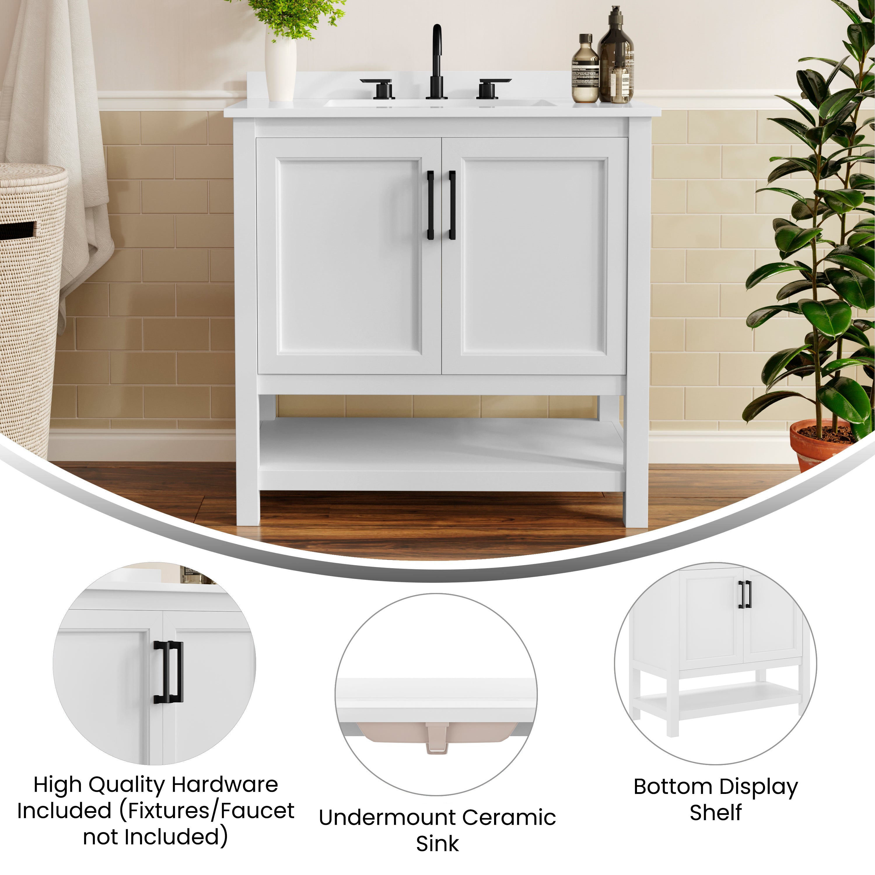 Vega 36" Bathroom Vanity with Sink, Storage Cabinet with Black Hardware, Soft Close Doors & Open Shelf, Carrara Marble Finish Countertop, White/White