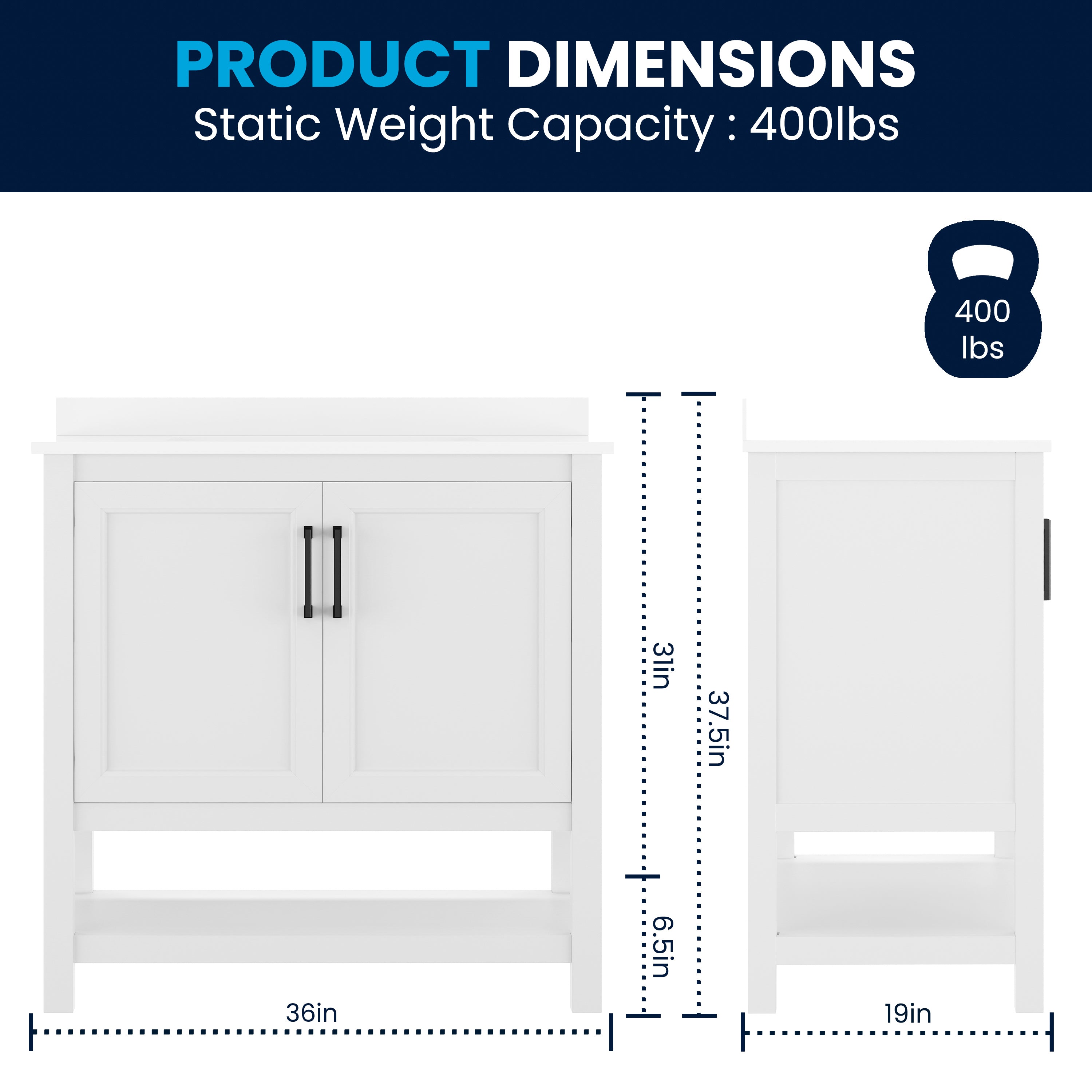 Vega 36" Bathroom Vanity with Sink, Storage Cabinet with Black Hardware, Soft Close Doors & Open Shelf, Carrara Marble Finish Countertop, White/White