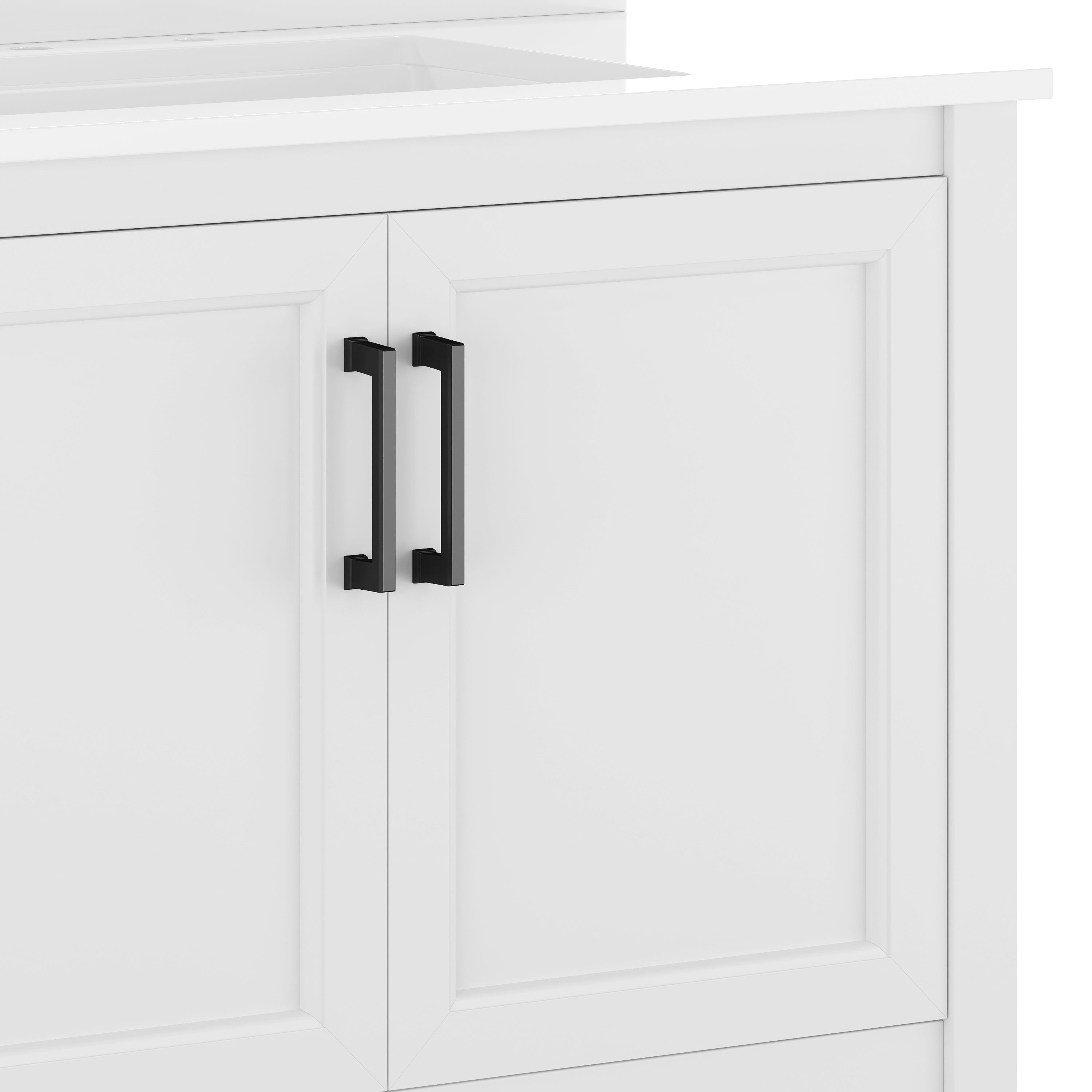 Vega 36" Bathroom Vanity with Sink, Storage Cabinet with Black Hardware, Soft Close Doors & Open Shelf, Carrara Marble Finish Countertop, White/White