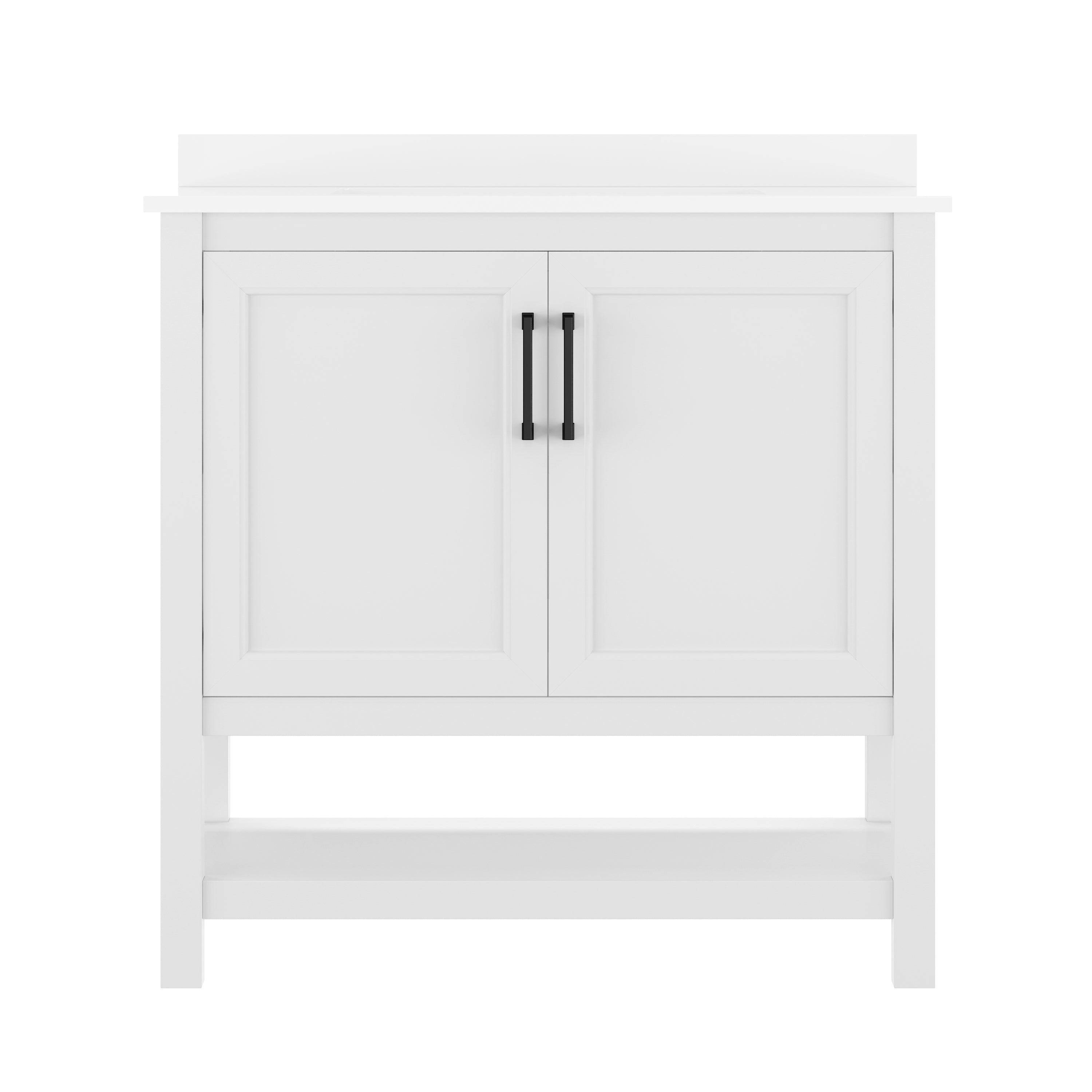 Vega 36" Bathroom Vanity with Sink, Storage Cabinet with Black Hardware, Soft Close Doors & Open Shelf, Carrara Marble Finish Countertop, White/White