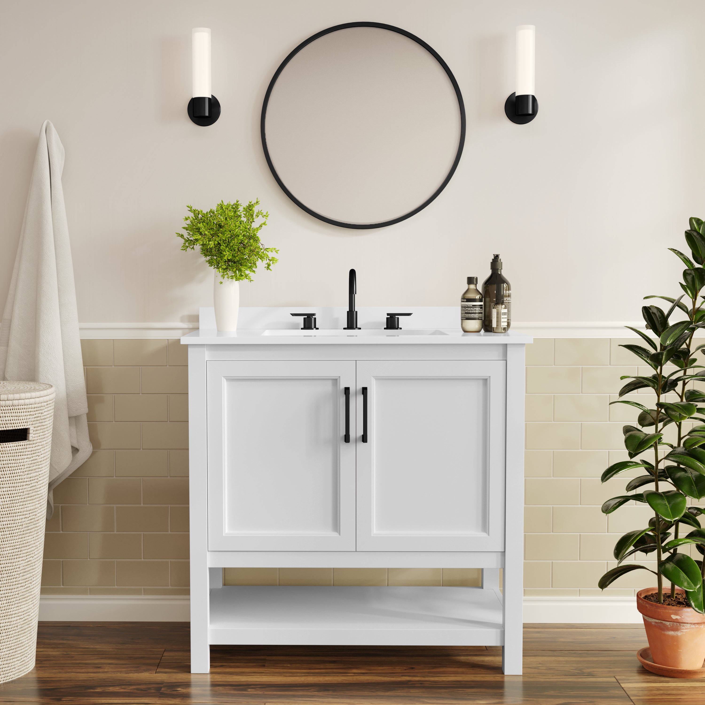 Vega 36" Bathroom Vanity with Sink, Storage Cabinet with Black Hardware, Soft Close Doors & Open Shelf, Carrara Marble Finish Countertop, White/White