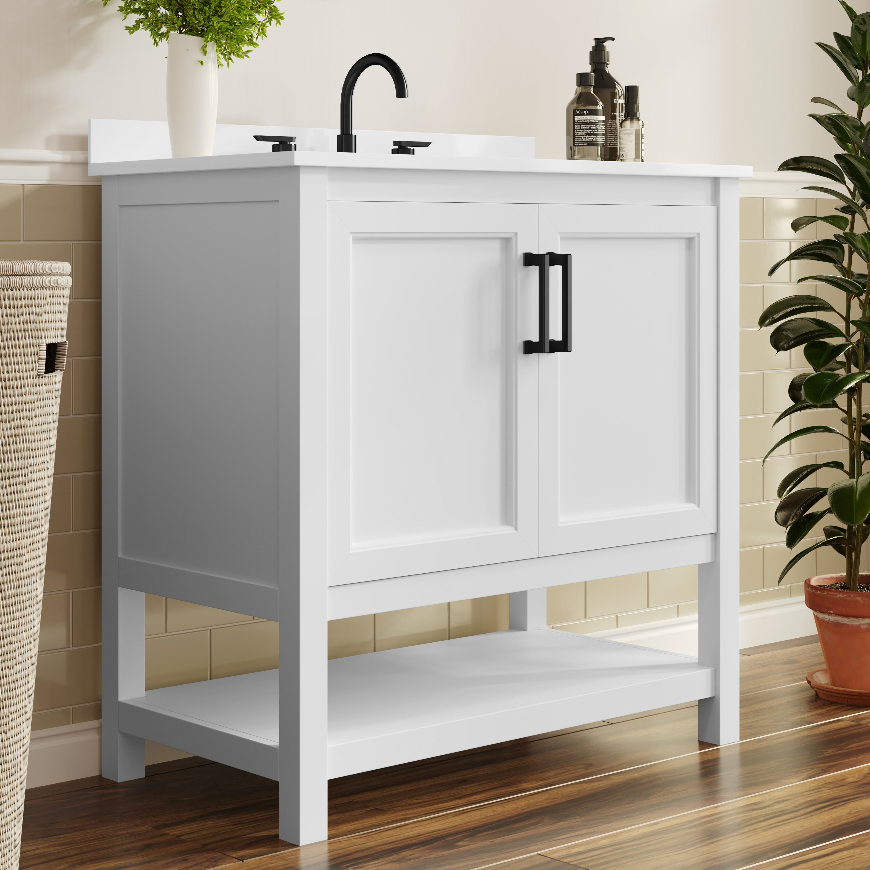 Vega 36" Bathroom Vanity with Sink, Storage Cabinet with Black Hardware, Soft Close Doors & Open Shelf, Carrara Marble Finish Countertop, White/White