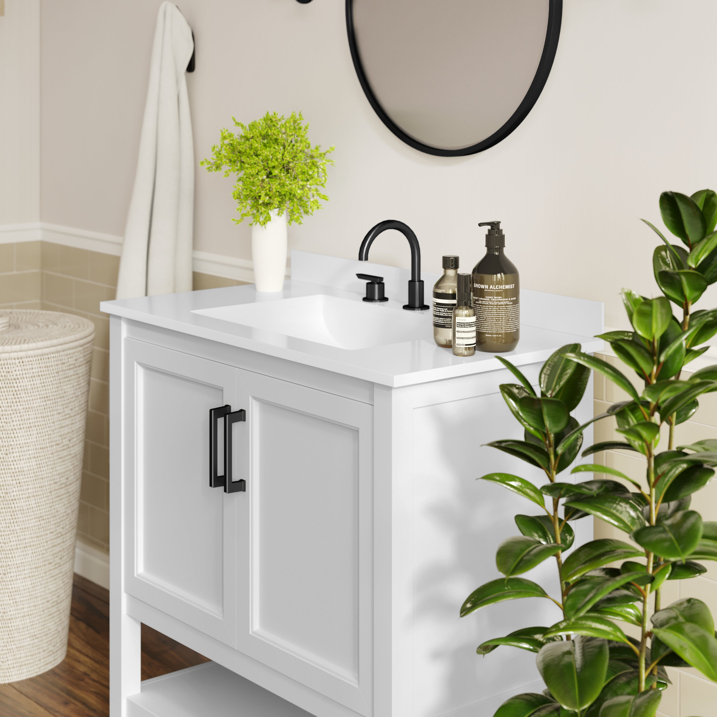 Vega 36" Bathroom Vanity with Sink, Storage Cabinet with Black Hardware, Soft Close Doors & Open Shelf, Carrara Marble Finish Countertop, White/White