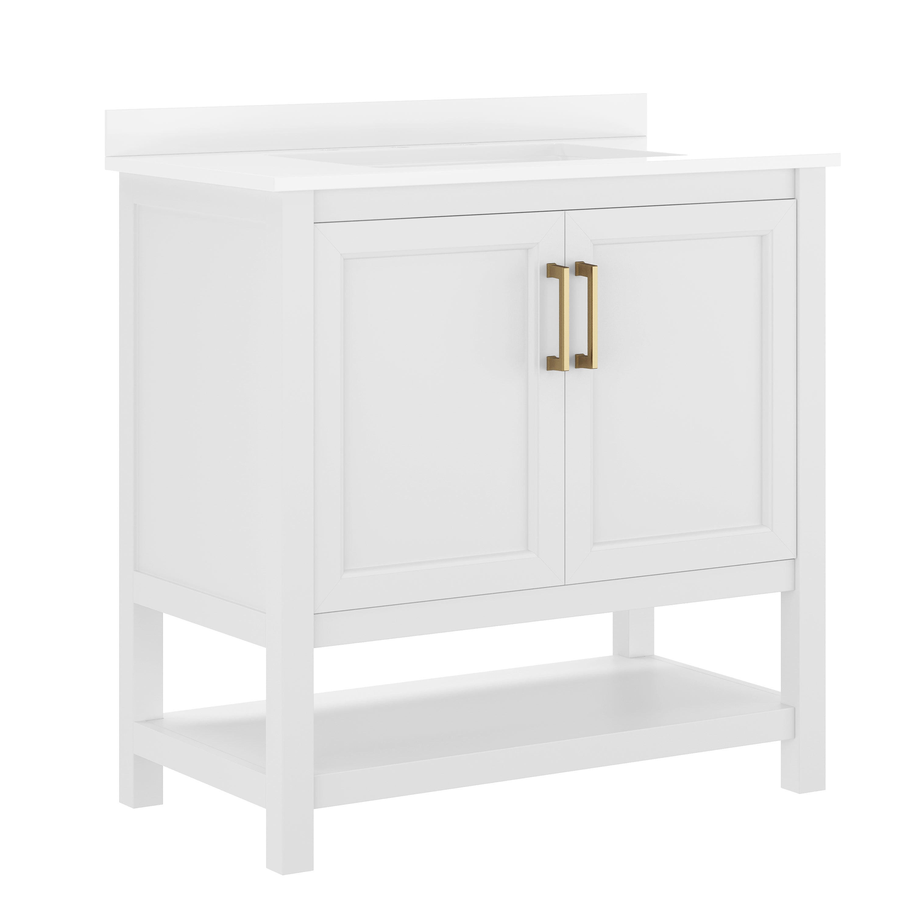 Vega 36" Bathroom Vanity with Sink, Storage Cabinet with Gold Hardware, Soft Close Doors & Open Shelf, Carrara Marble Finish Countertop, White/White
