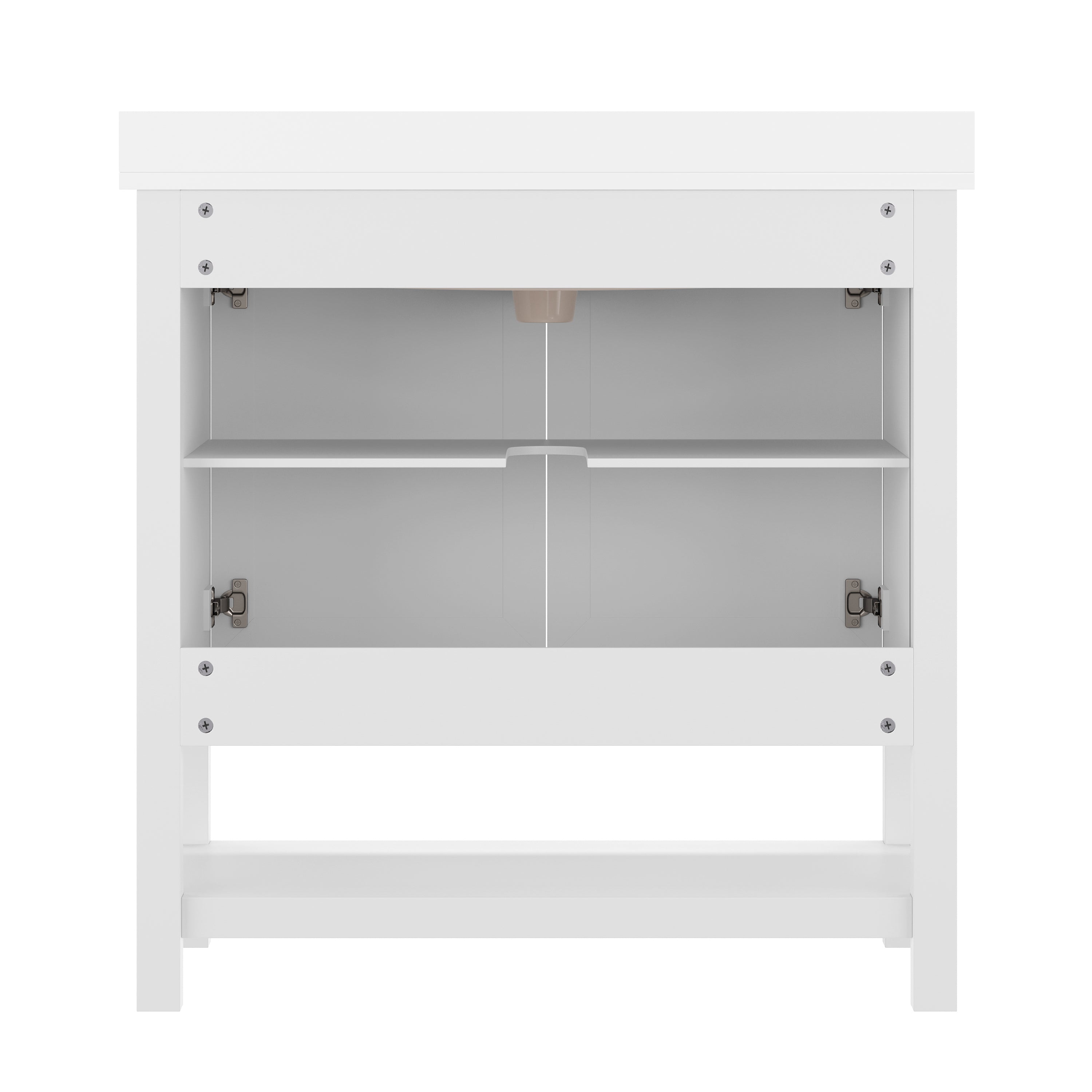 Vega 36" Bathroom Vanity with Sink, Storage Cabinet with Gold Hardware, Soft Close Doors & Open Shelf, Carrara Marble Finish Countertop, White/White