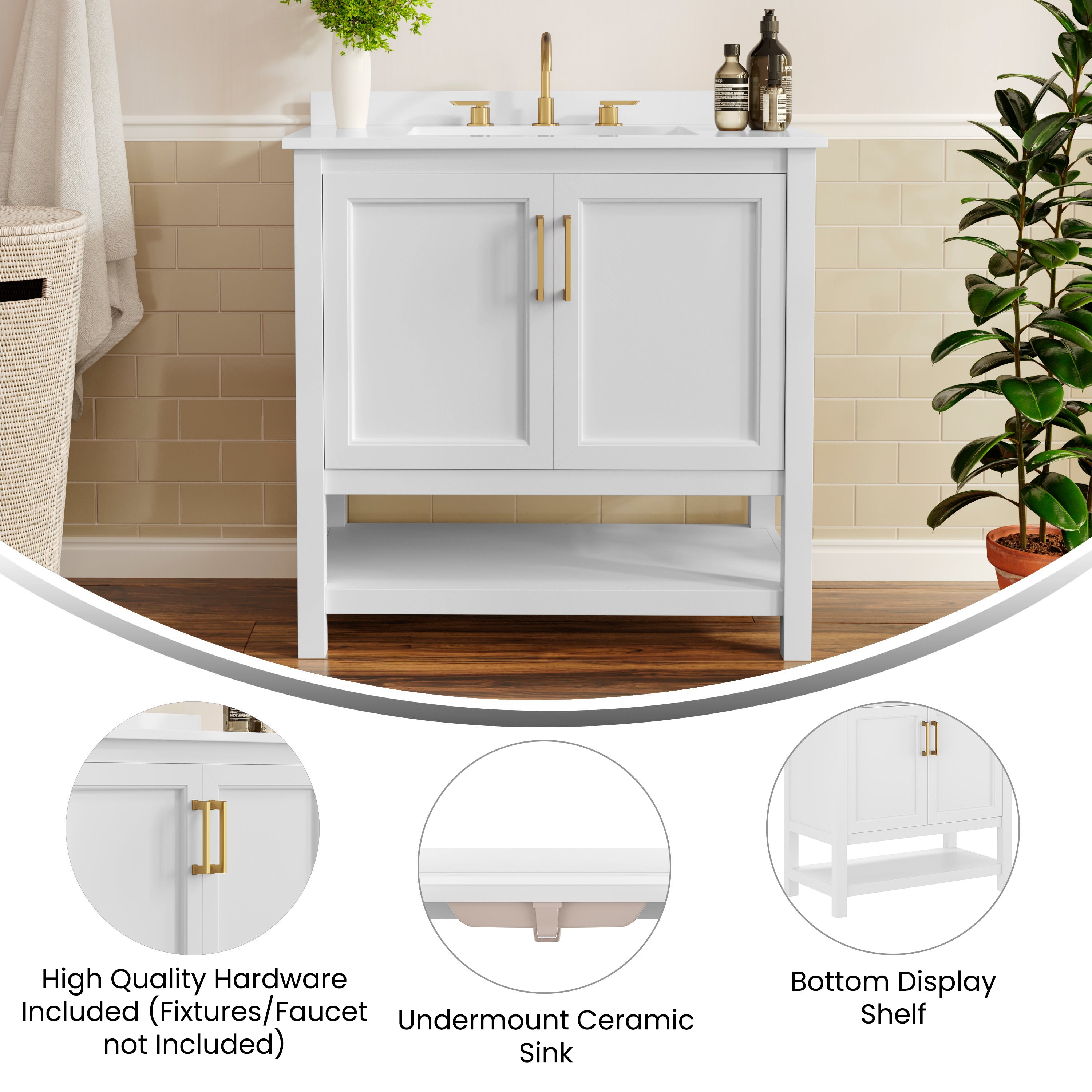 Vega 36" Bathroom Vanity with Sink, Storage Cabinet with Gold Hardware, Soft Close Doors & Open Shelf, Carrara Marble Finish Countertop, White/White