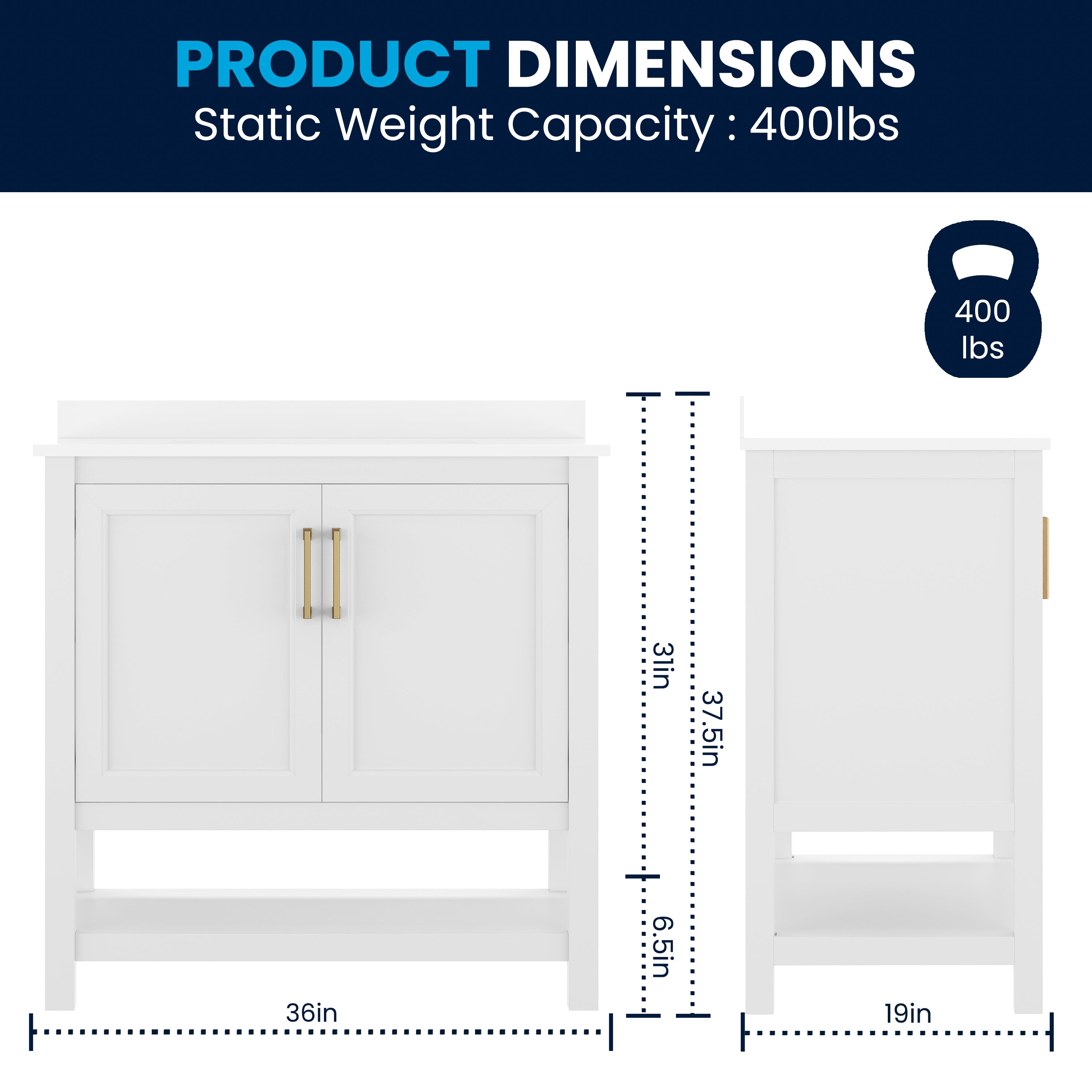 Vega 36" Bathroom Vanity with Sink, Storage Cabinet with Gold Hardware, Soft Close Doors & Open Shelf, Carrara Marble Finish Countertop, White/White