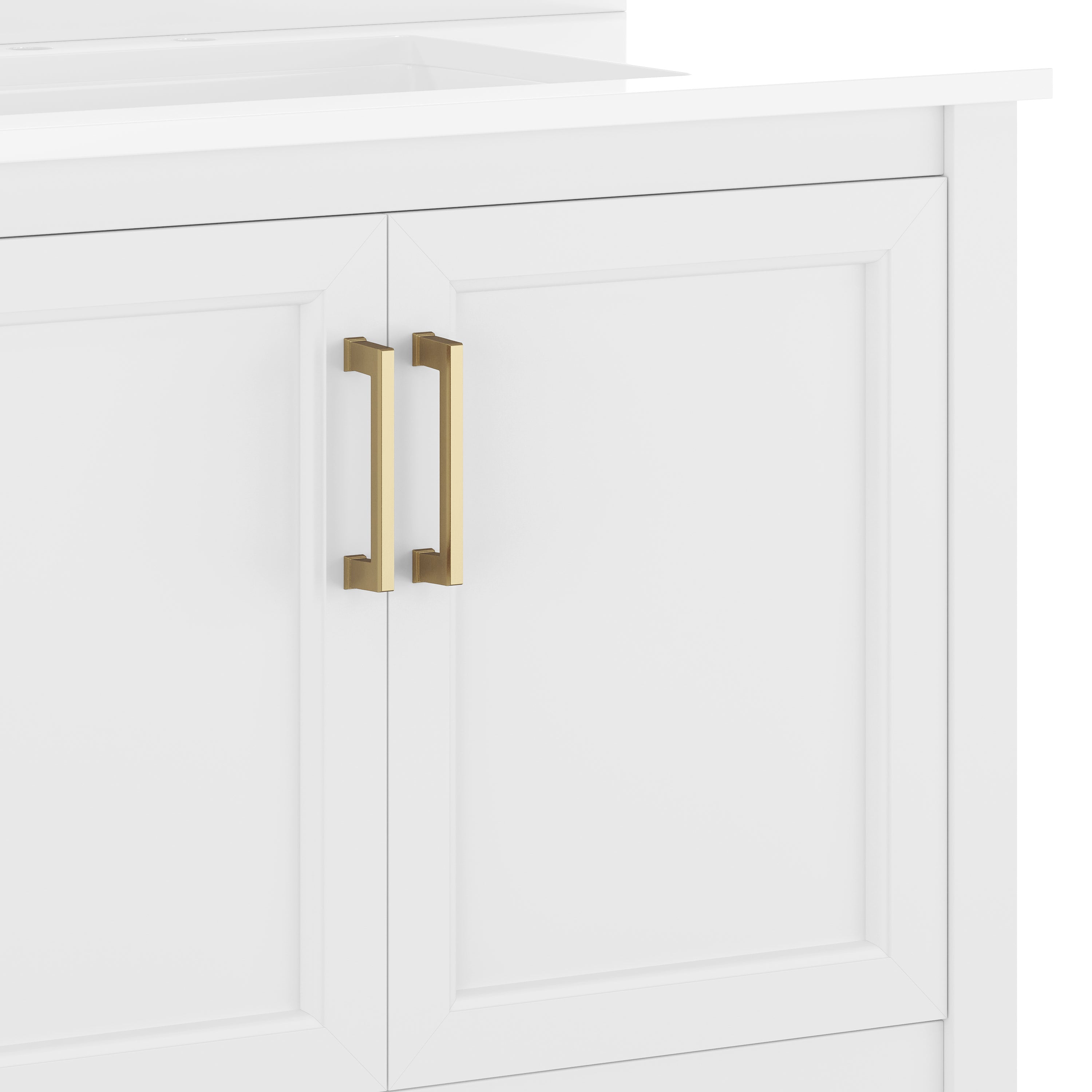 Vega 36" Bathroom Vanity with Sink, Storage Cabinet with Gold Hardware, Soft Close Doors & Open Shelf, Carrara Marble Finish Countertop, White/White