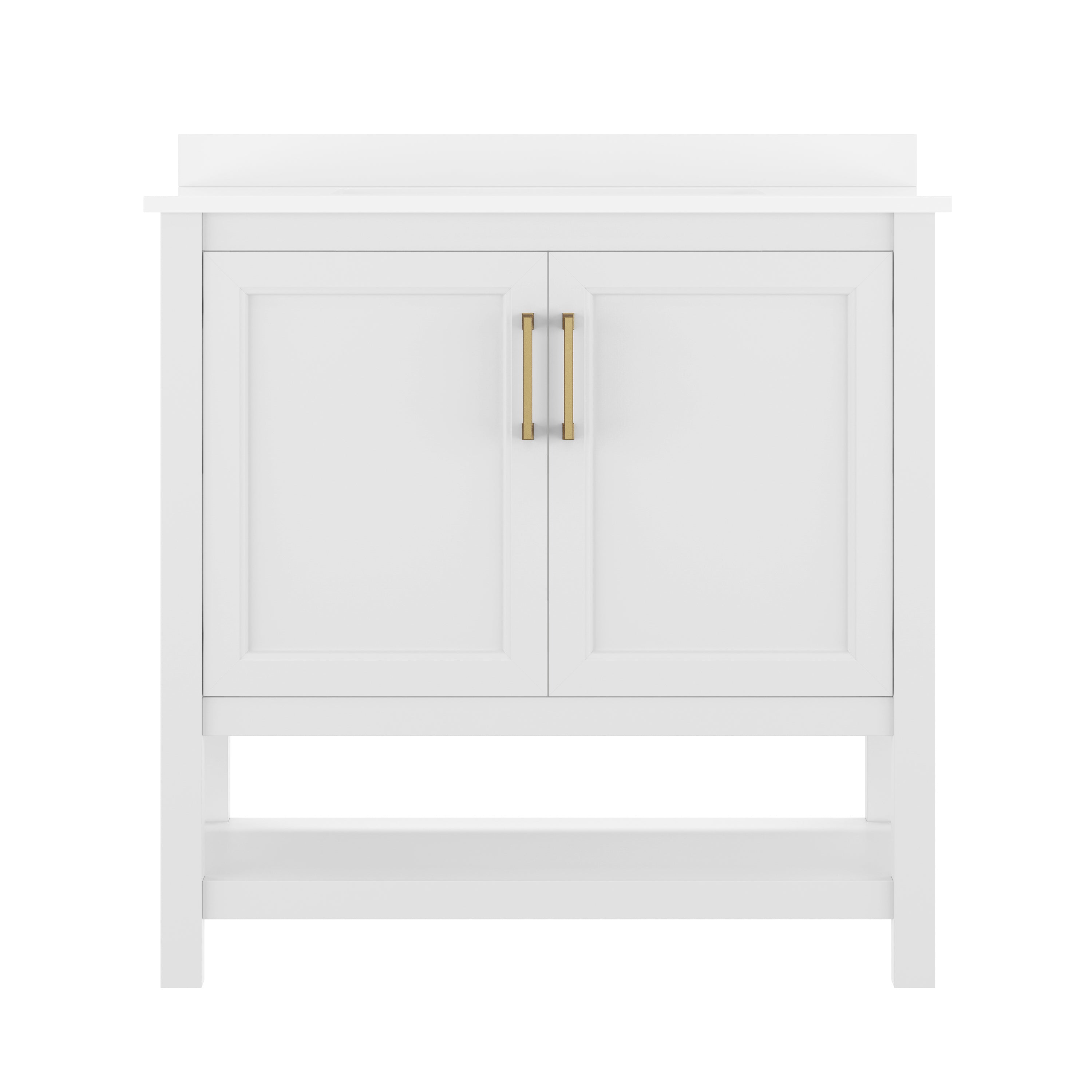 Vega 36" Bathroom Vanity with Sink, Storage Cabinet with Gold Hardware, Soft Close Doors & Open Shelf, Carrara Marble Finish Countertop, White/White