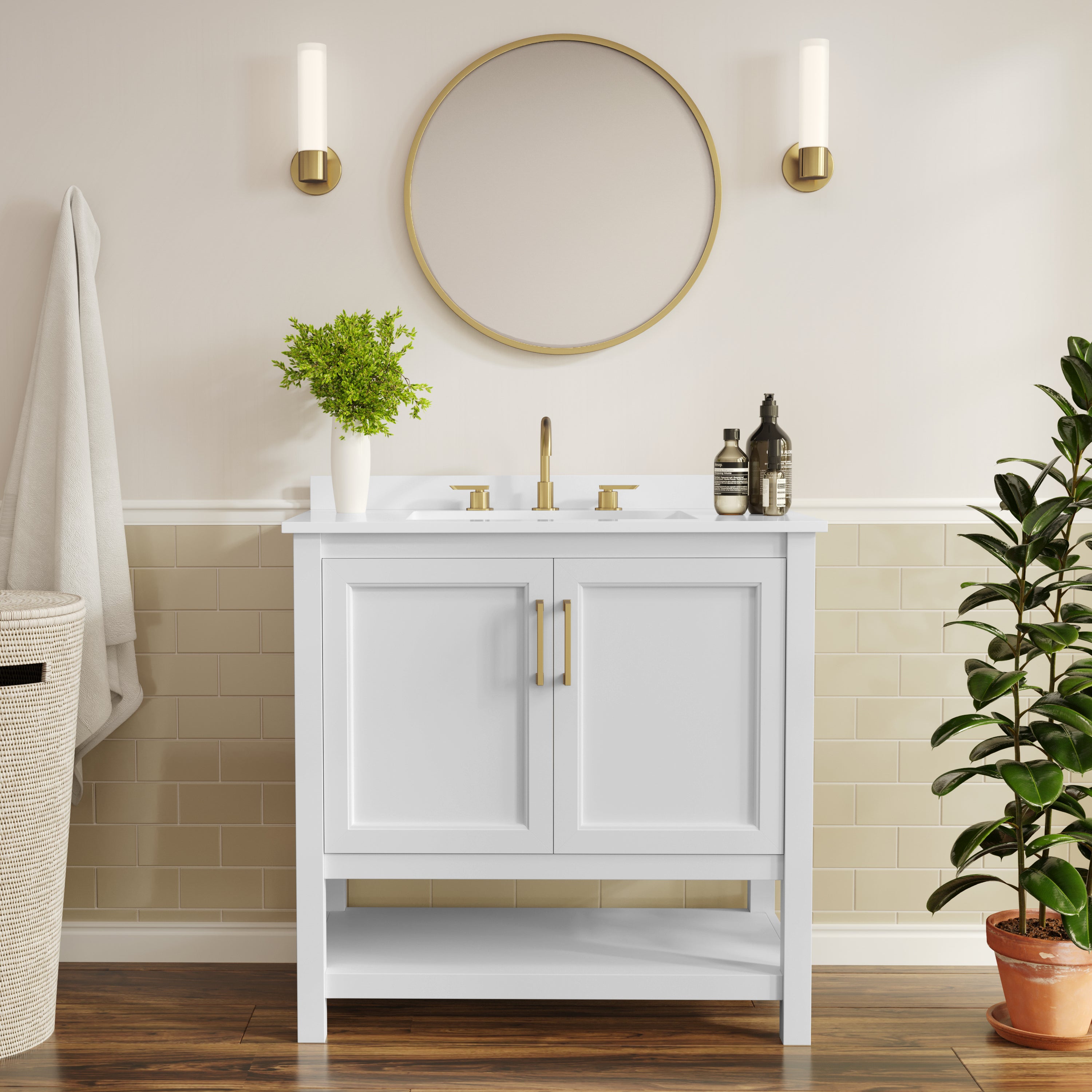 Vega 36" Bathroom Vanity with Sink, Storage Cabinet with Gold Hardware, Soft Close Doors & Open Shelf, Carrara Marble Finish Countertop, White/White