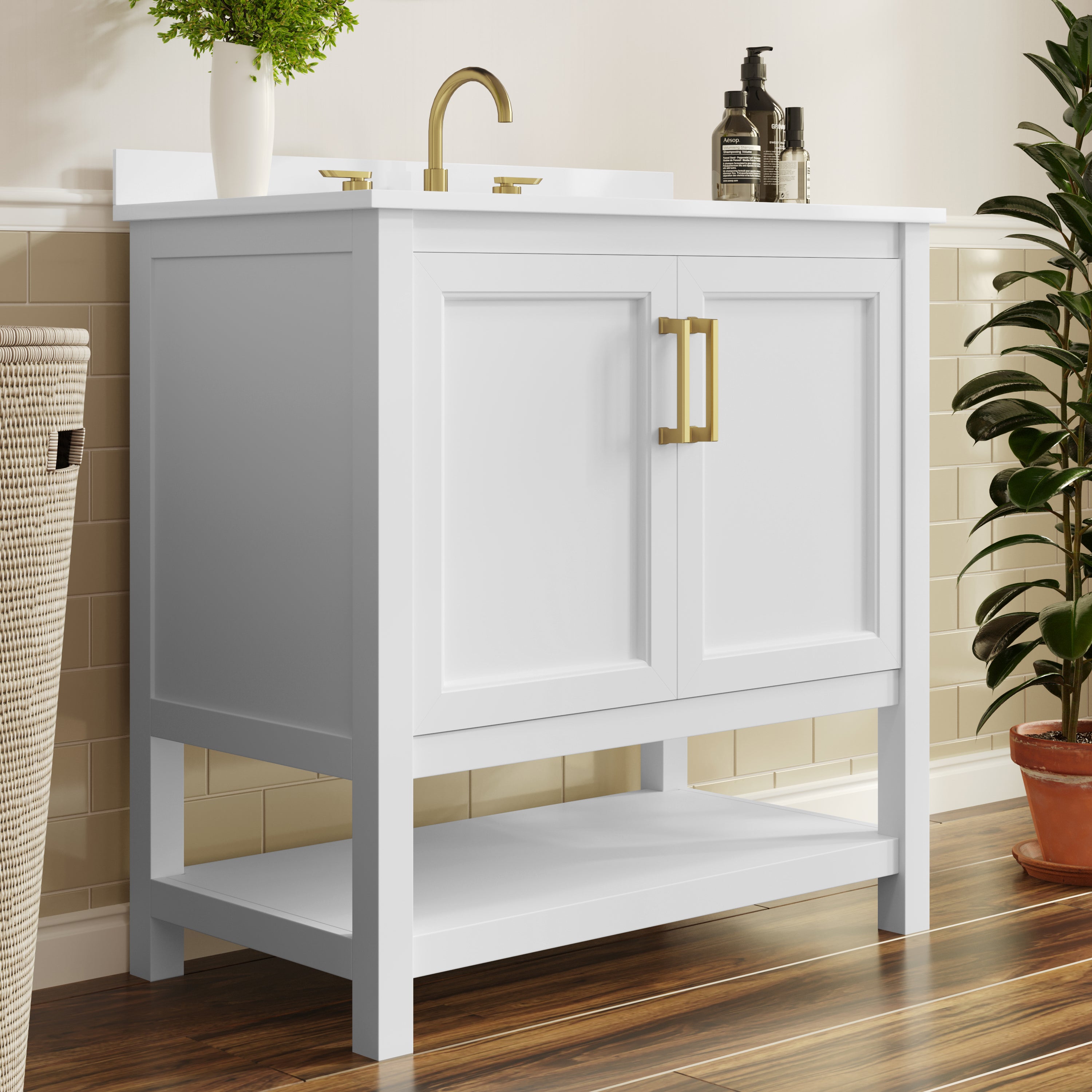 Vega 36" Bathroom Vanity with Sink, Storage Cabinet with Gold Hardware, Soft Close Doors & Open Shelf, Carrara Marble Finish Countertop, White/White