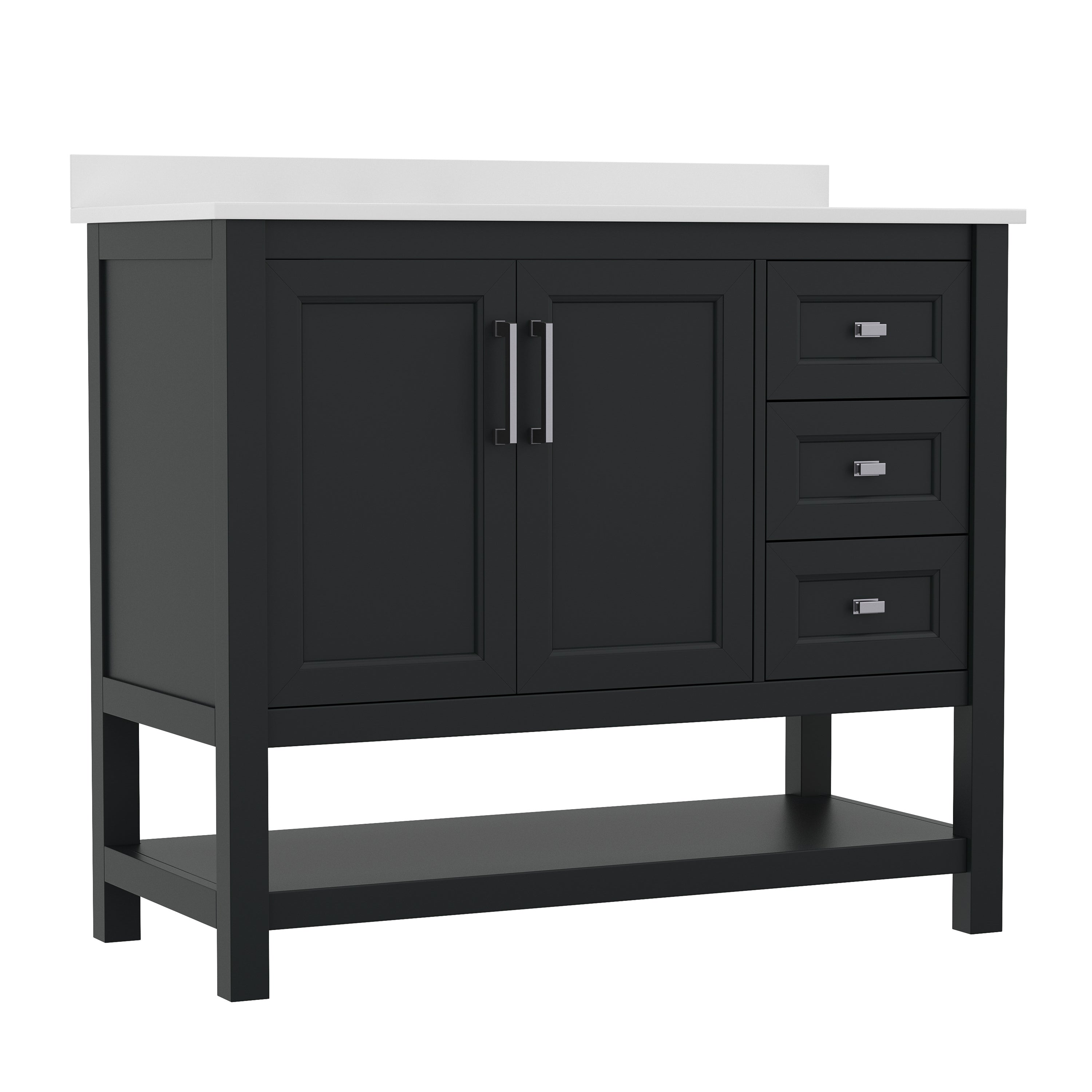 Vega 42 Inch Bathroom Vanity with Sink, Storage Cabinet with Soft Close Doors, Open Shelf and 3 Drawers, Carrara Marble Finish Countertop, Black