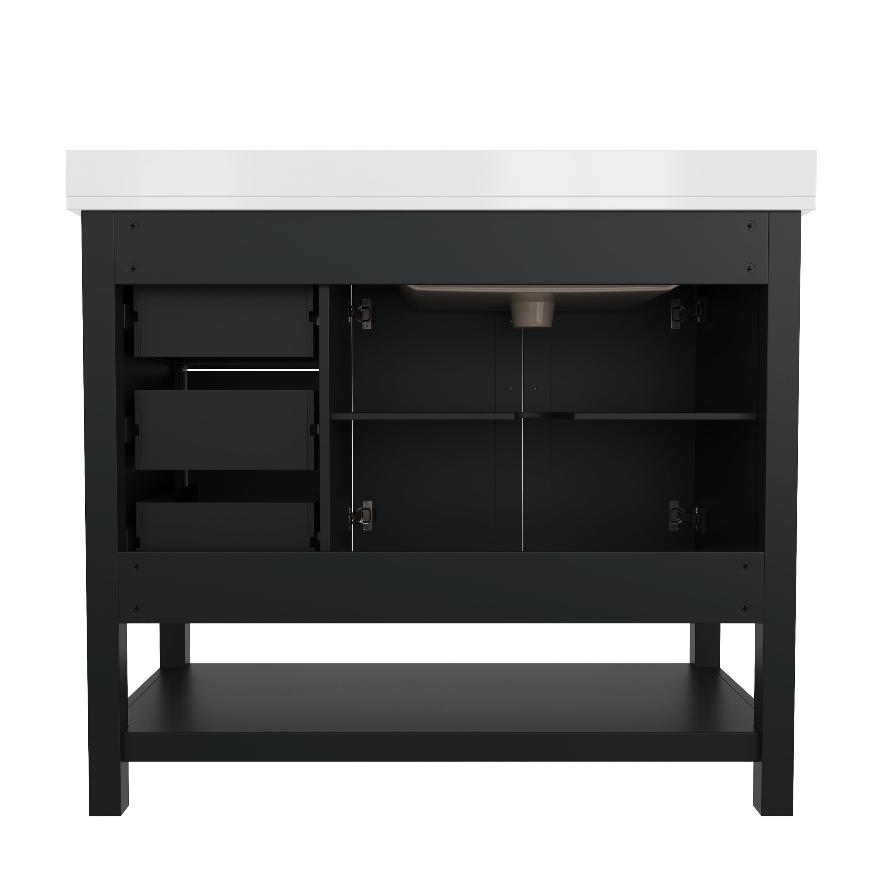 Vega 42 Inch Bathroom Vanity with Sink, Storage Cabinet with Soft Close Doors, Open Shelf and 3 Drawers, Carrara Marble Finish Countertop, Black