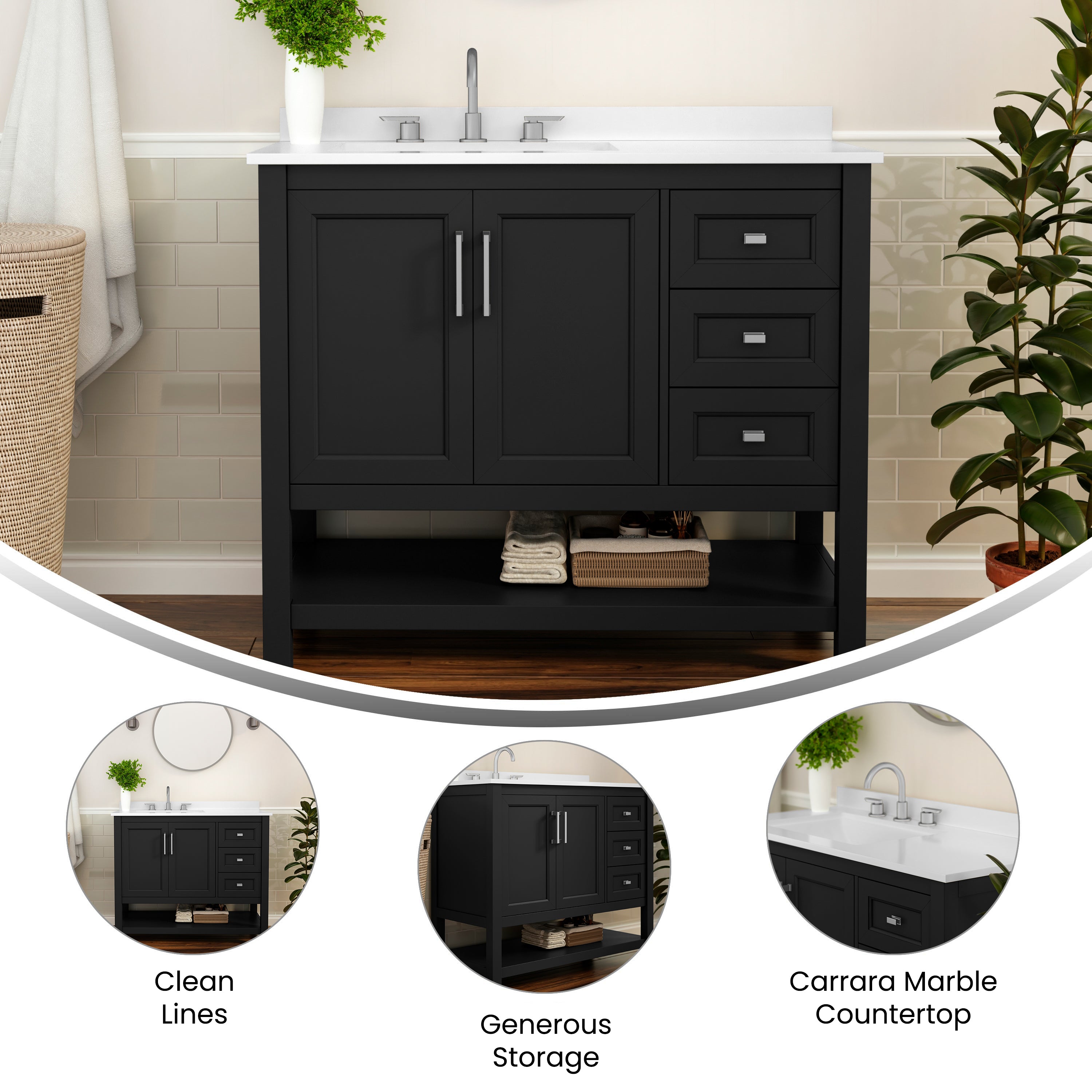 Vega 42 Inch Bathroom Vanity with Sink, Storage Cabinet with Soft Close Doors, Open Shelf and 3 Drawers, Carrara Marble Finish Countertop, Black