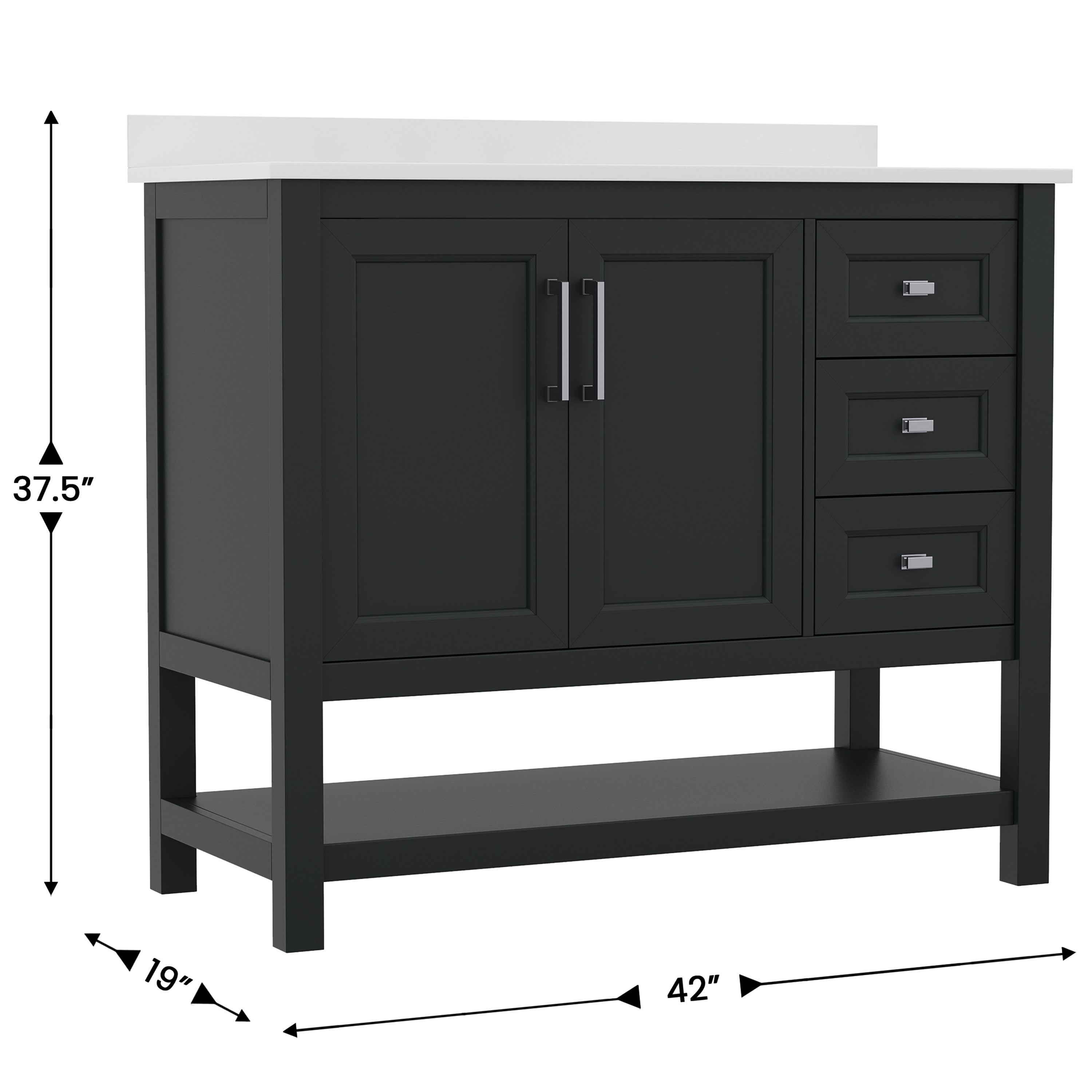 Vega 42 Inch Bathroom Vanity with Sink, Storage Cabinet with Soft Close Doors, Open Shelf and 3 Drawers, Carrara Marble Finish Countertop, Black