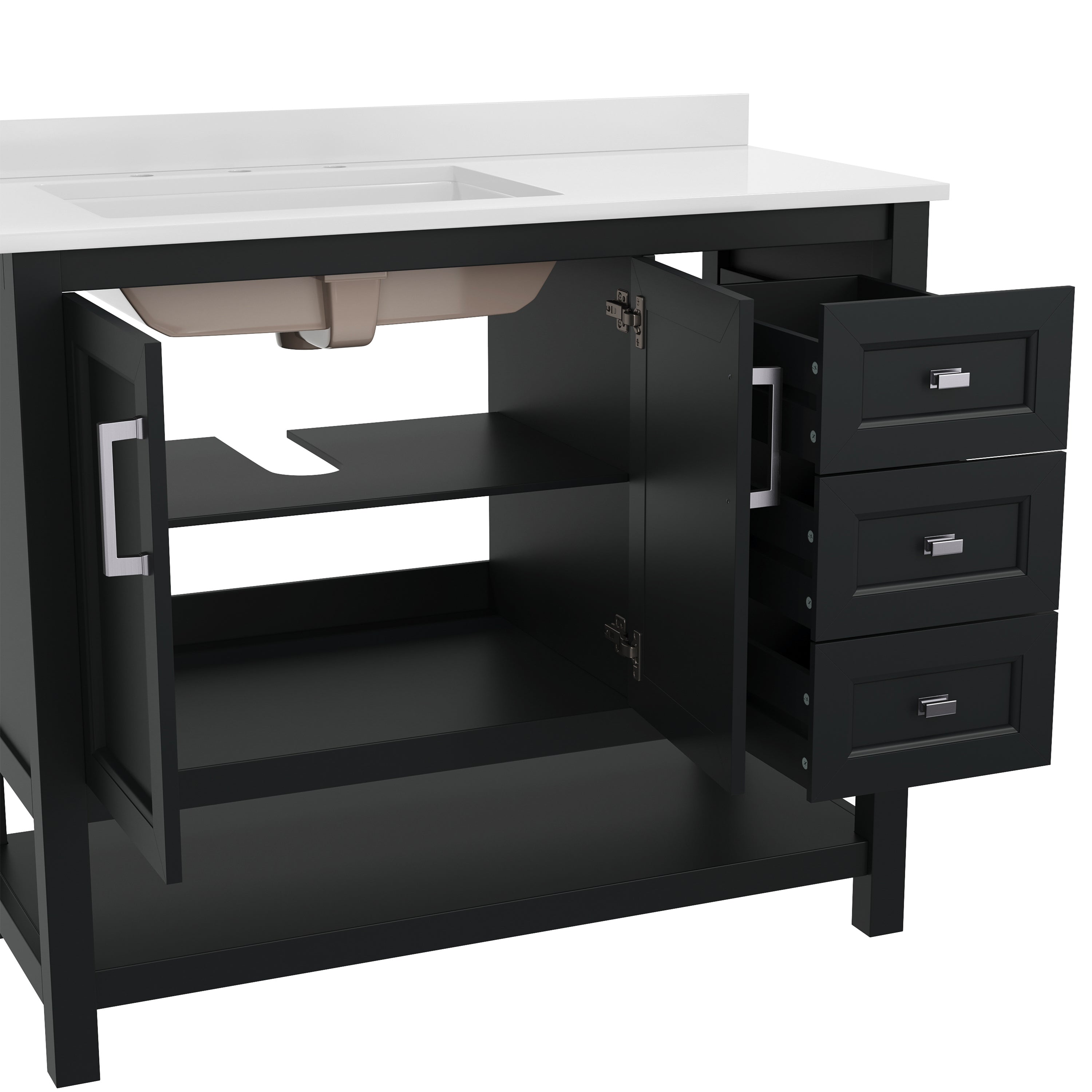 Vega 42 Inch Bathroom Vanity with Sink, Storage Cabinet with Soft Close Doors, Open Shelf and 3 Drawers, Carrara Marble Finish Countertop, Black