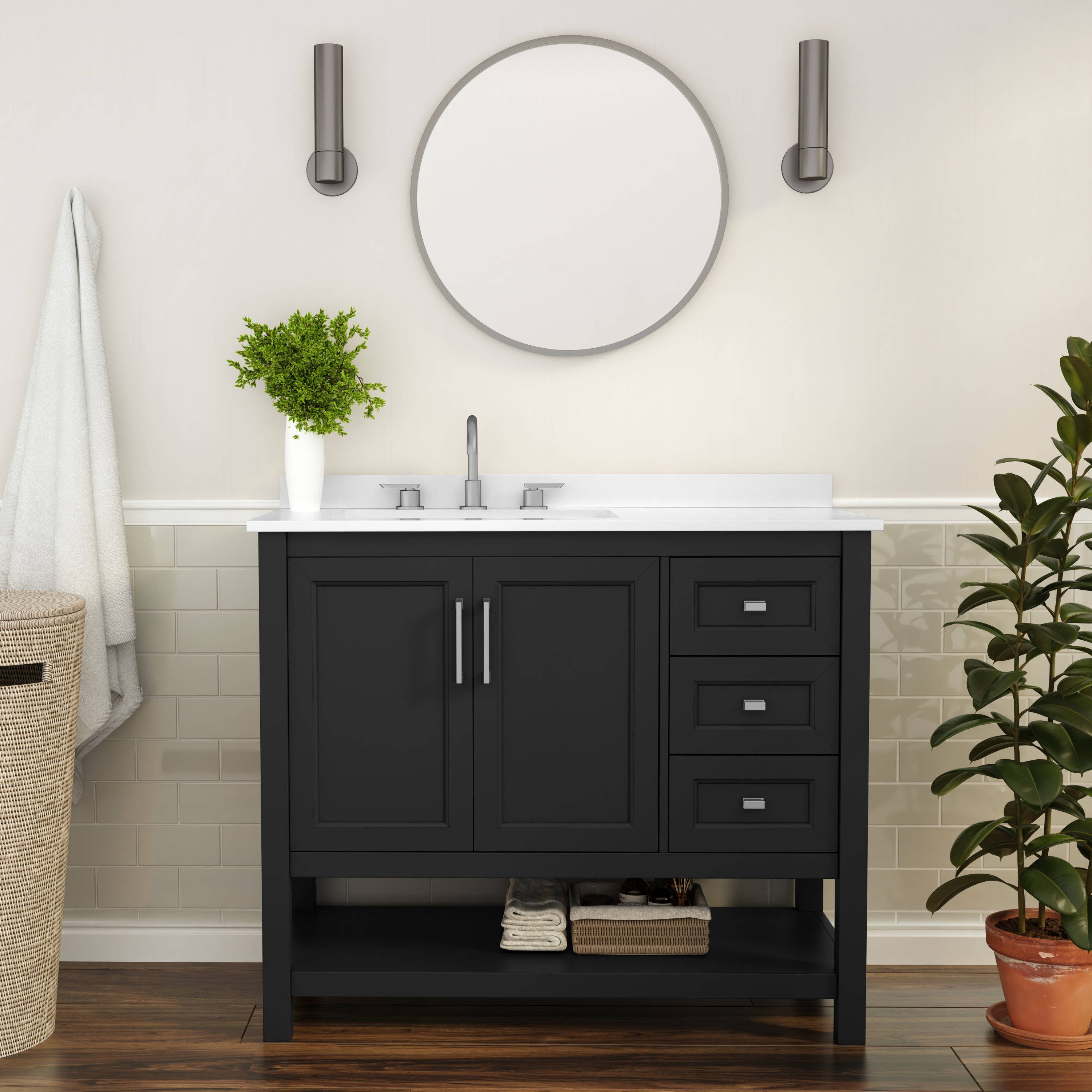 Vega 42 Inch Bathroom Vanity with Sink, Storage Cabinet with Soft Close Doors, Open Shelf and 3 Drawers, Carrara Marble Finish Countertop, Black