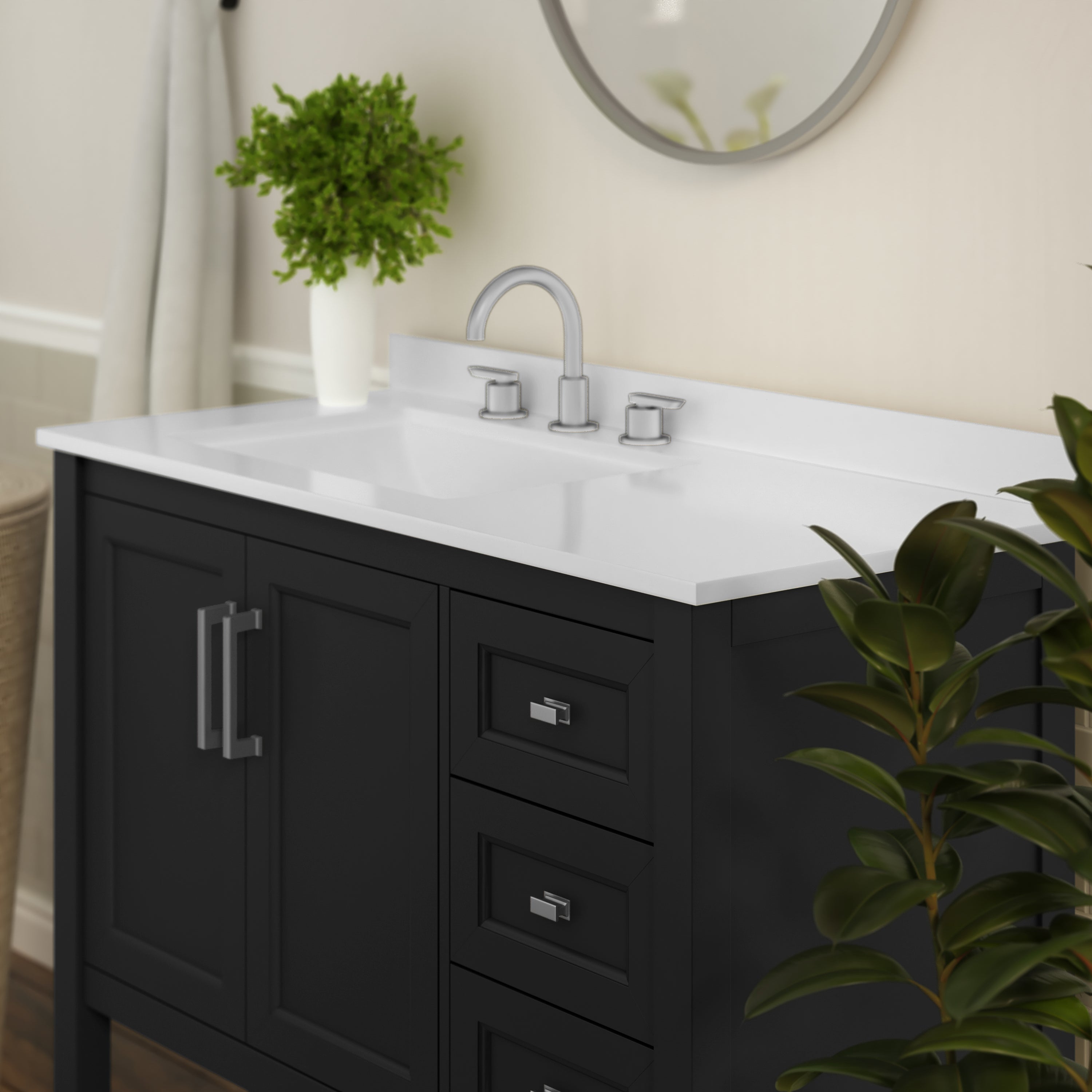 Vega 42 Inch Bathroom Vanity with Sink, Storage Cabinet with Soft Close Doors, Open Shelf and 3 Drawers, Carrara Marble Finish Countertop, Black