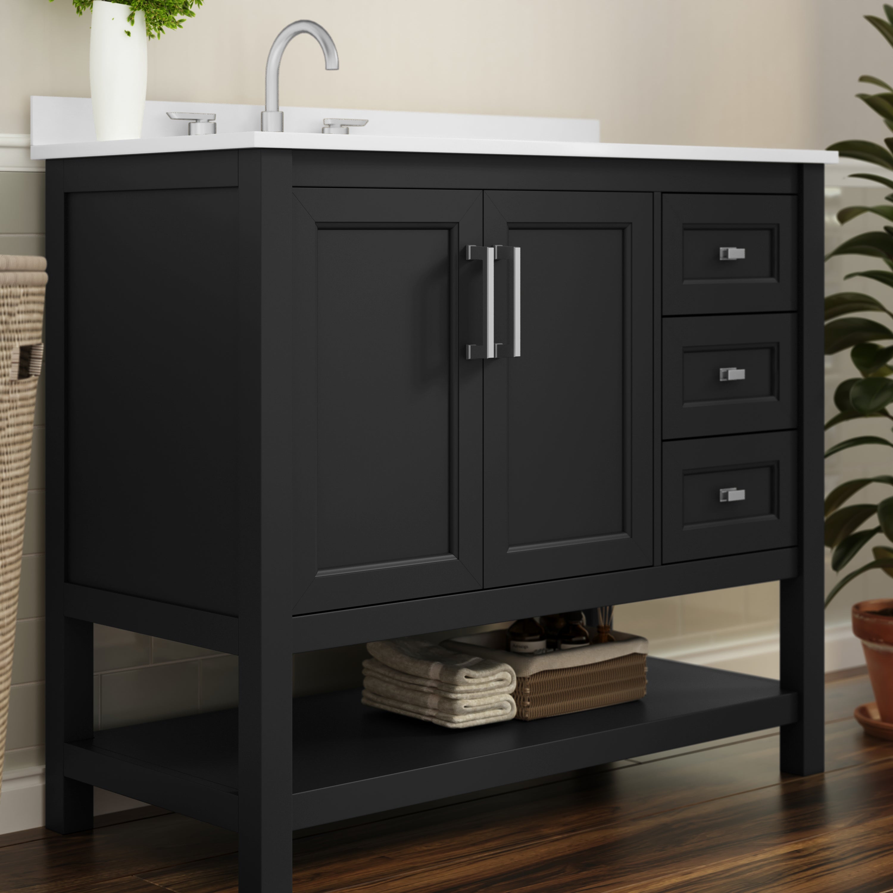 Vega 42 Inch Bathroom Vanity with Sink, Storage Cabinet with Soft Close Doors, Open Shelf and 3 Drawers, Carrara Marble Finish Countertop, Black