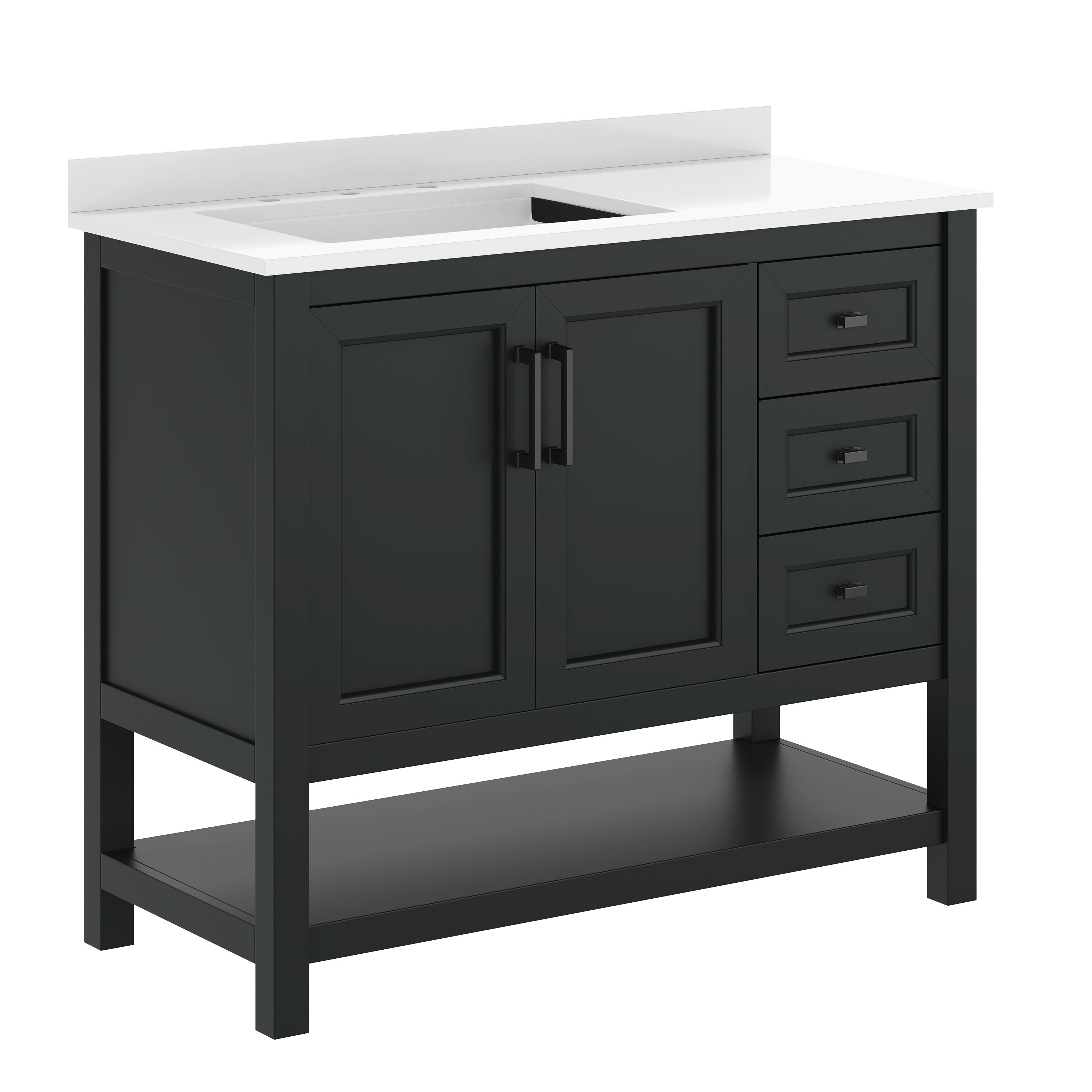 Vega 42" Bathroom Vanity with Sink, Cabinet with Black Hardware, Soft Close Doors, Open Shelf & 3 Drawers, Carrara Marble Finish Counter, Black/White