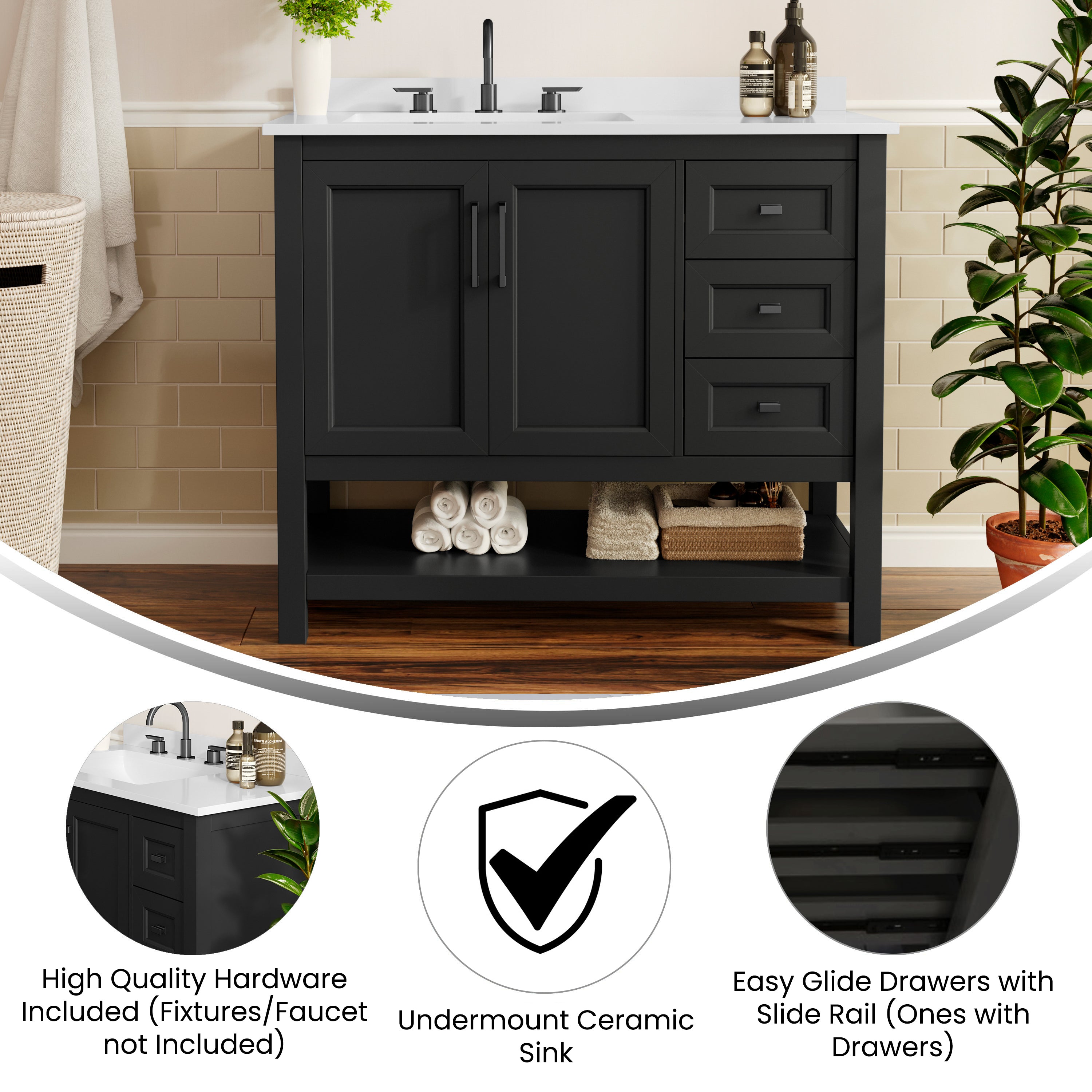 Vega 42" Bathroom Vanity with Sink, Cabinet with Black Hardware, Soft Close Doors, Open Shelf & 3 Drawers, Carrara Marble Finish Counter, Black/White