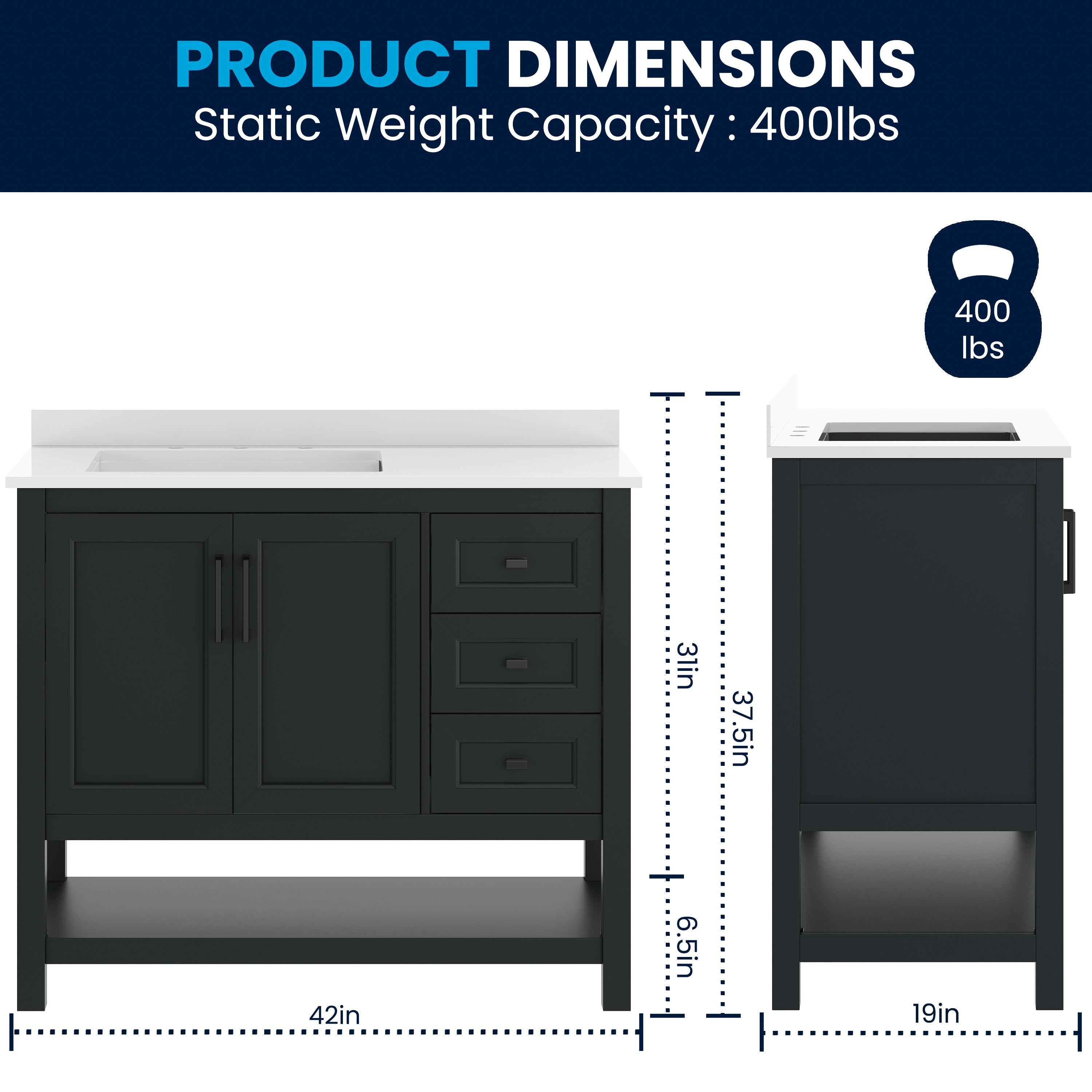 Vega 42" Bathroom Vanity with Sink, Cabinet with Black Hardware, Soft Close Doors, Open Shelf & 3 Drawers, Carrara Marble Finish Counter, Black/White