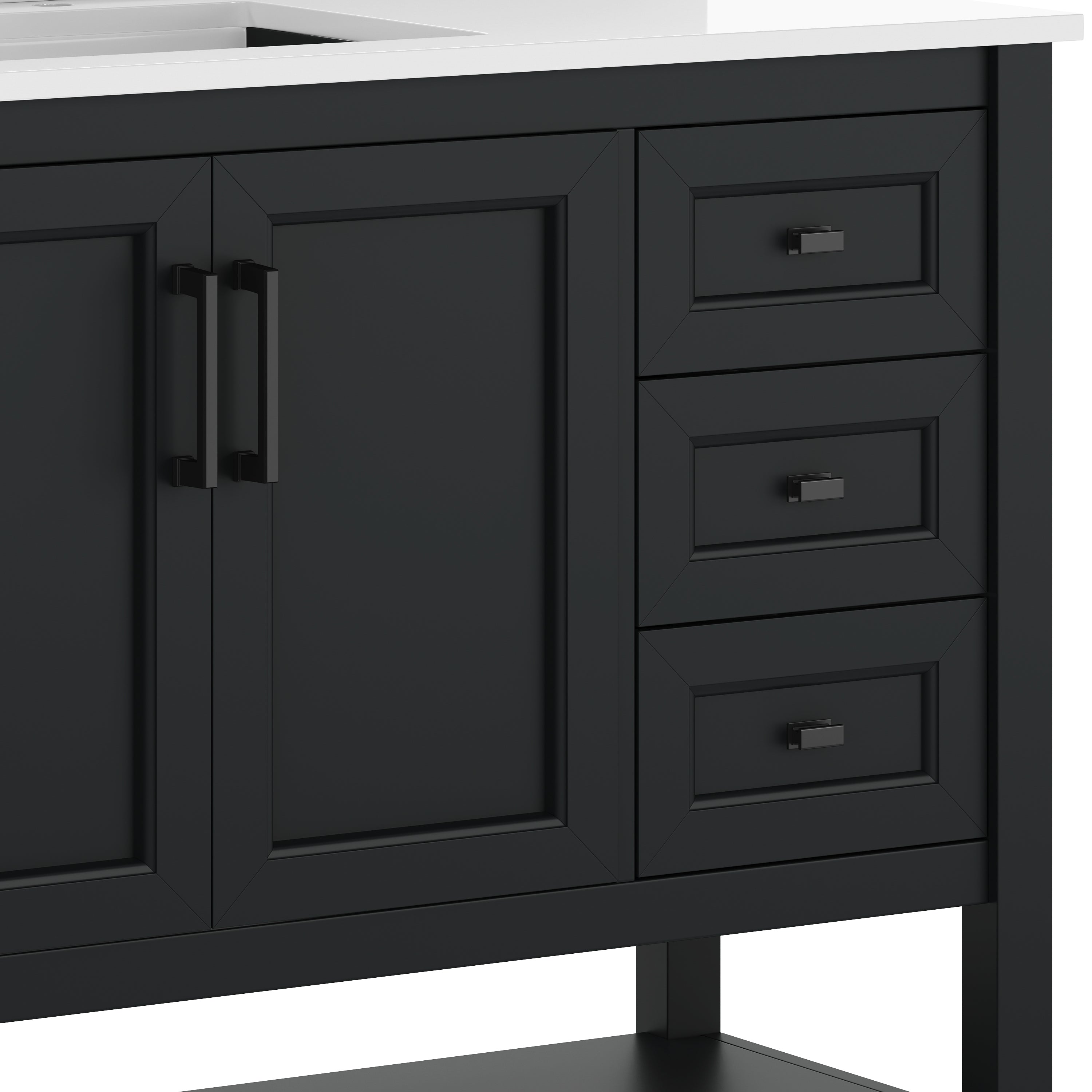 Vega 42" Bathroom Vanity with Sink, Cabinet with Black Hardware, Soft Close Doors, Open Shelf & 3 Drawers, Carrara Marble Finish Counter, Black/White
