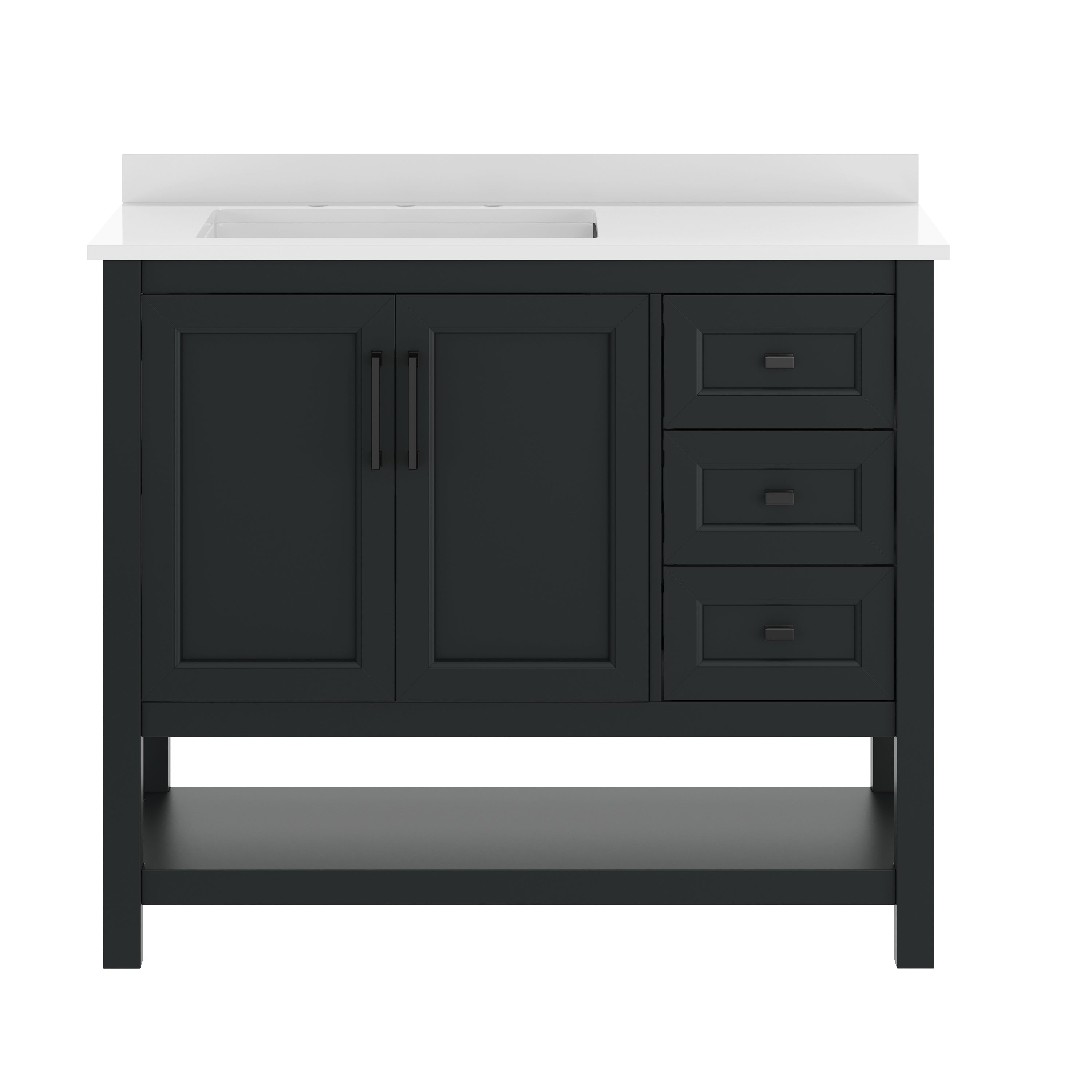 Vega 42" Bathroom Vanity with Sink, Cabinet with Black Hardware, Soft Close Doors, Open Shelf & 3 Drawers, Carrara Marble Finish Counter, Black/White