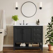 Vega 42" Bathroom Vanity with Sink, Cabinet with Black Hardware, Soft Close Doors, Open Shelf & 3 Drawers, Carrara Marble Finish Counter, Black/White