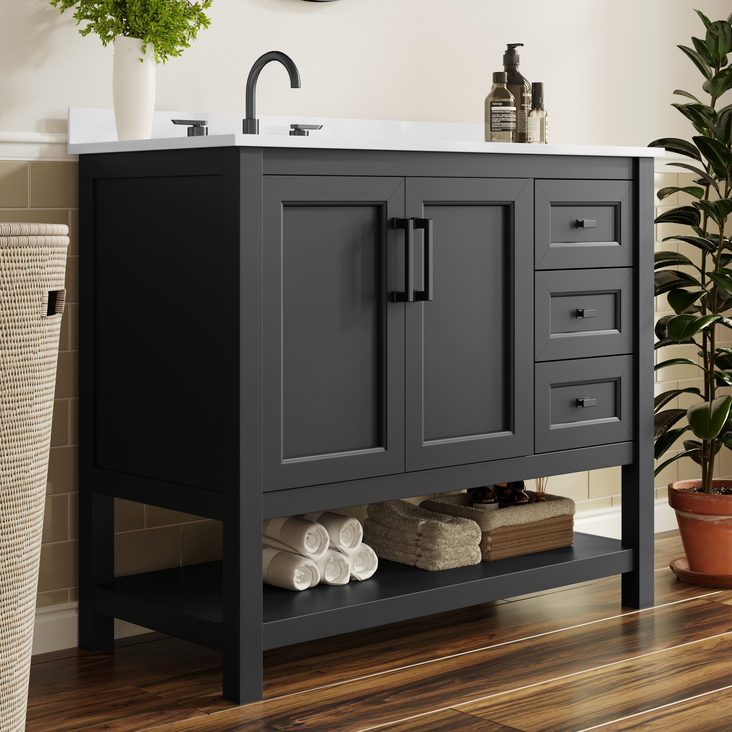 Vega 42" Bathroom Vanity with Sink, Cabinet with Black Hardware, Soft Close Doors, Open Shelf & 3 Drawers, Carrara Marble Finish Counter, Black/White