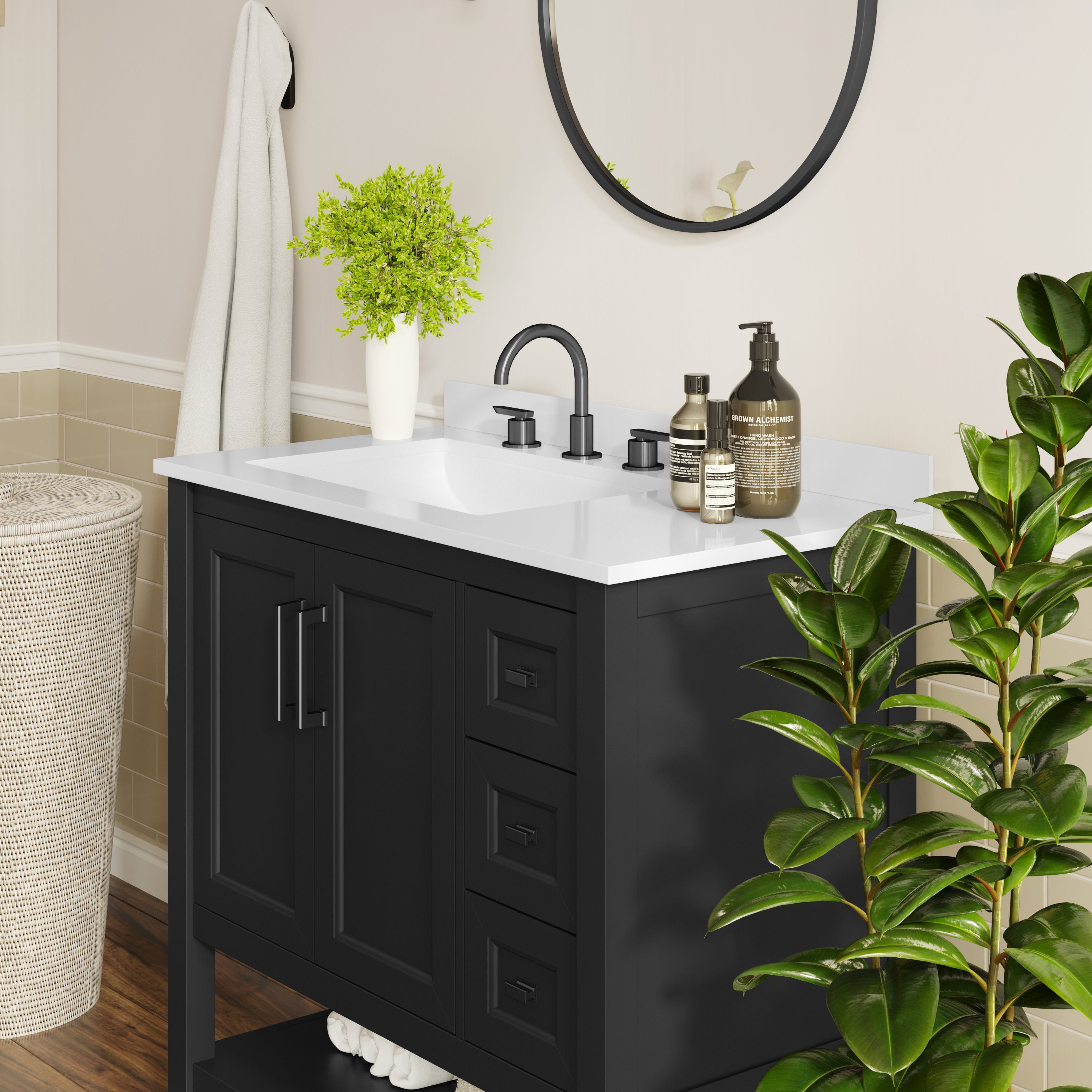 Vega 42" Bathroom Vanity with Sink, Cabinet with Black Hardware, Soft Close Doors, Open Shelf & 3 Drawers, Carrara Marble Finish Counter, Black/White