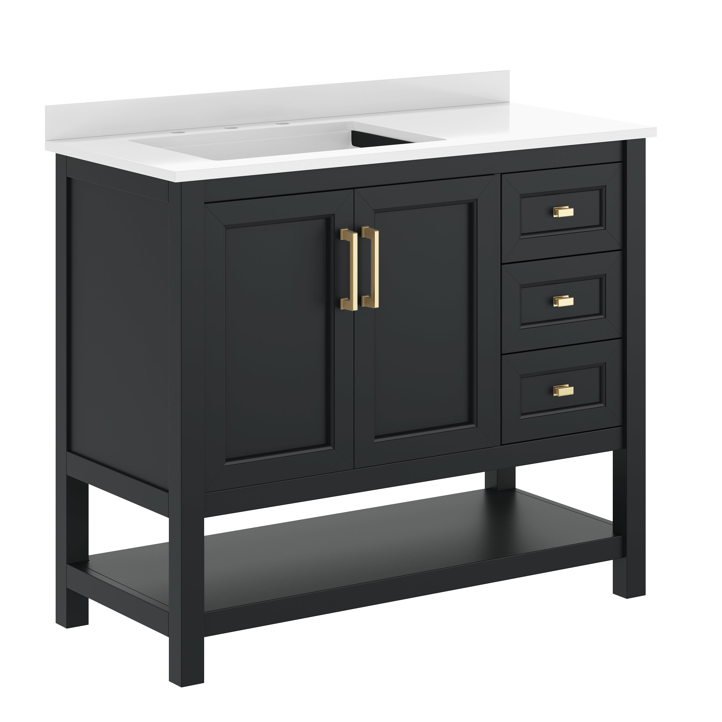 Vega 42" Bathroom Vanity with Sink, Cabinet with Gold Hardware, Soft Close Doors, Open Shelf & 3 Drawers, Carrara Marble Finish Counter, Black/White