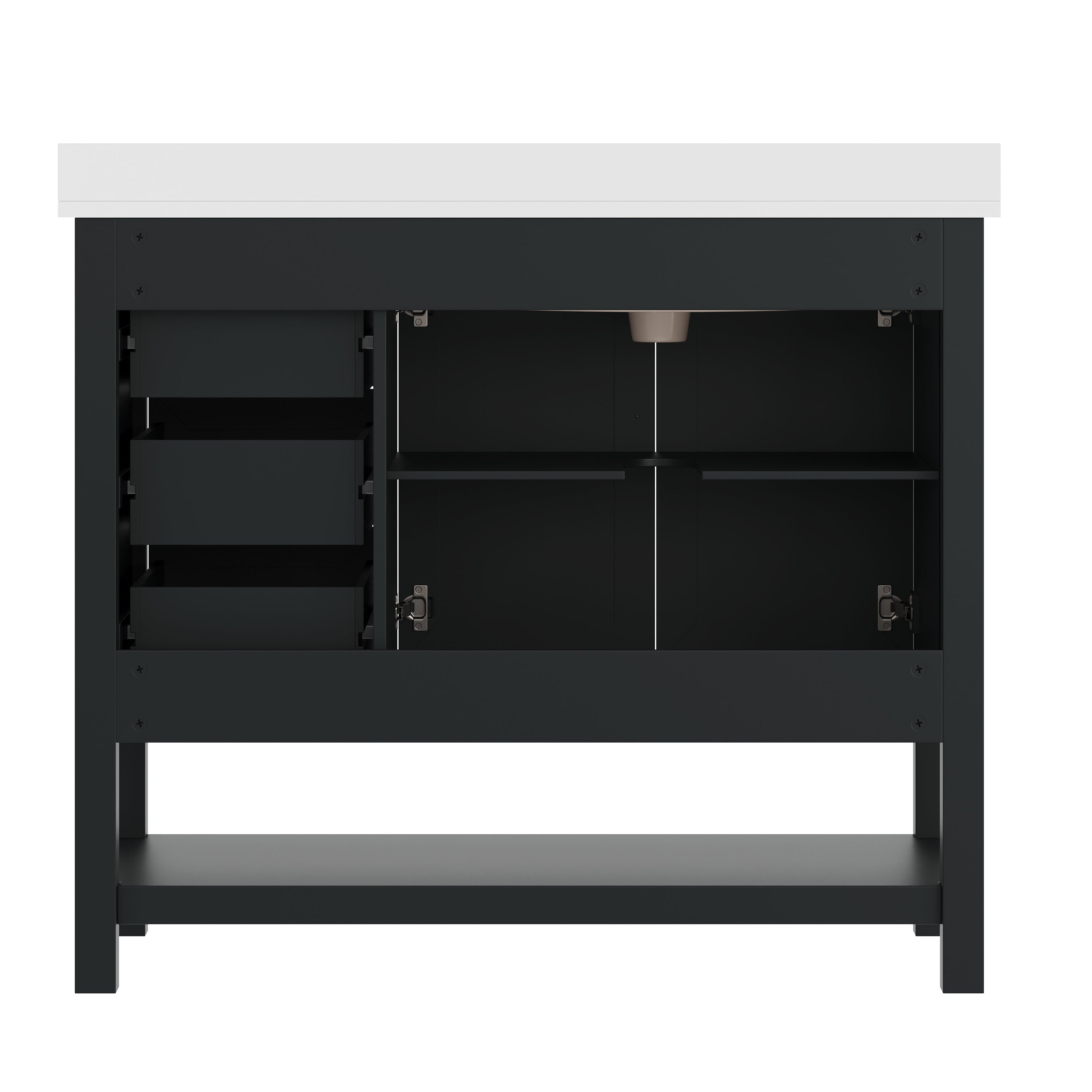 Vega 42" Bathroom Vanity with Sink, Cabinet with Gold Hardware, Soft Close Doors, Open Shelf & 3 Drawers, Carrara Marble Finish Counter, Black/White